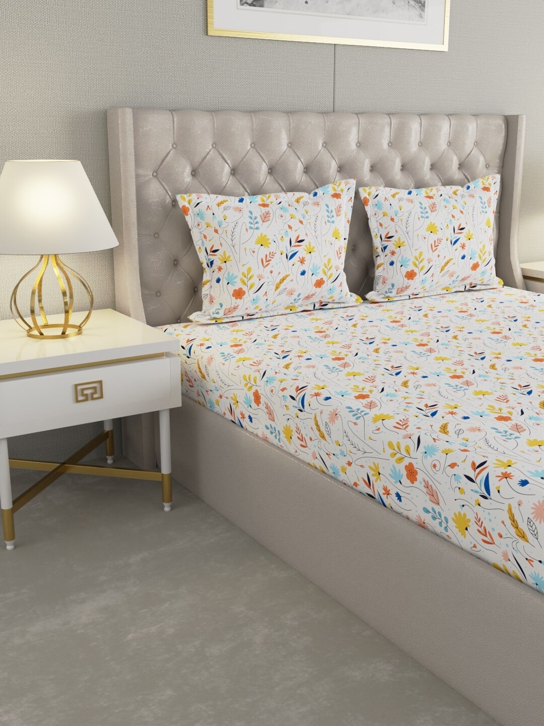 

Raymond Home White & Yellow Floral Cotton 104 TC Queen Bedsheet With 2 Pillow Covers