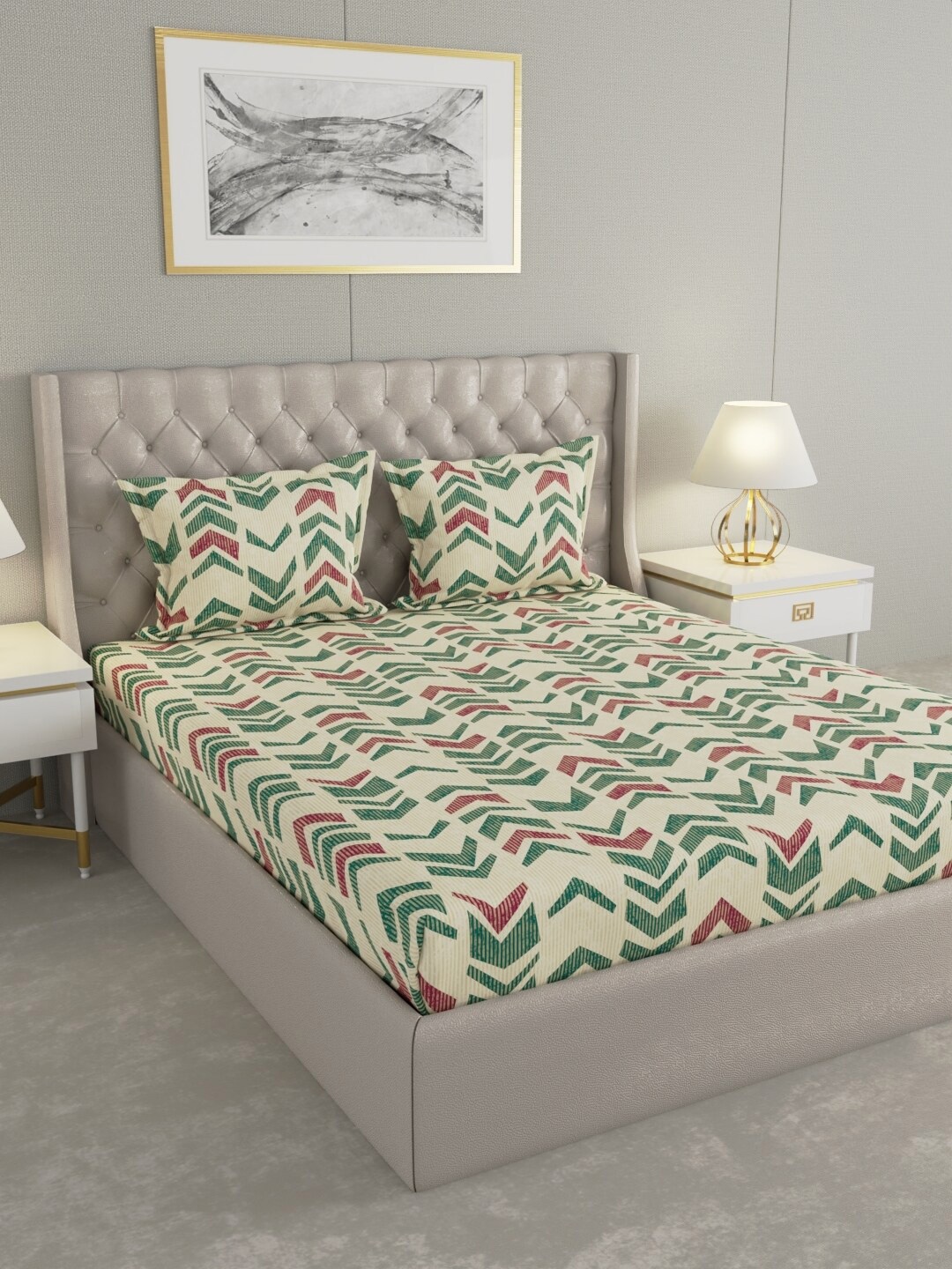 

Raymond Home Beige Geometric Pure Cotton 104 TC Queen Bedsheet with 2 Pillow Covers