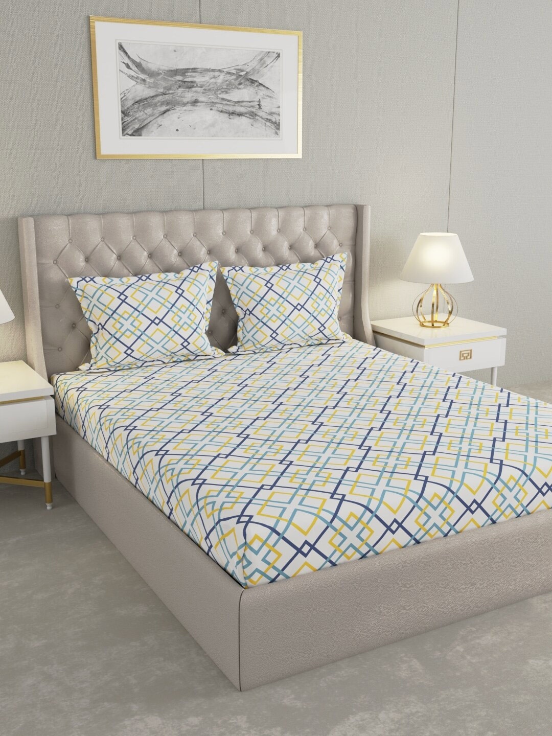 

Raymond Home White & Yellow Geometric Cotton 104 TC Queen Bedsheet with 2 Pillow Covers