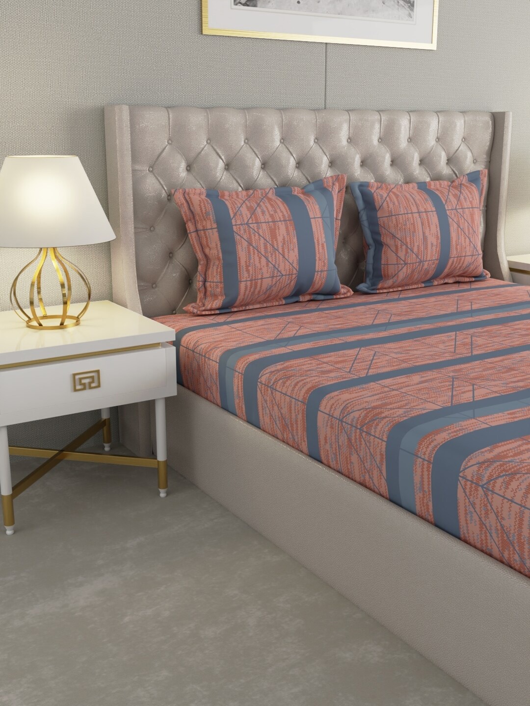

Raymond Home Peach& Grey Geometric Cotton 104 TC Queen Bedsheet with 2 Pillow Covers