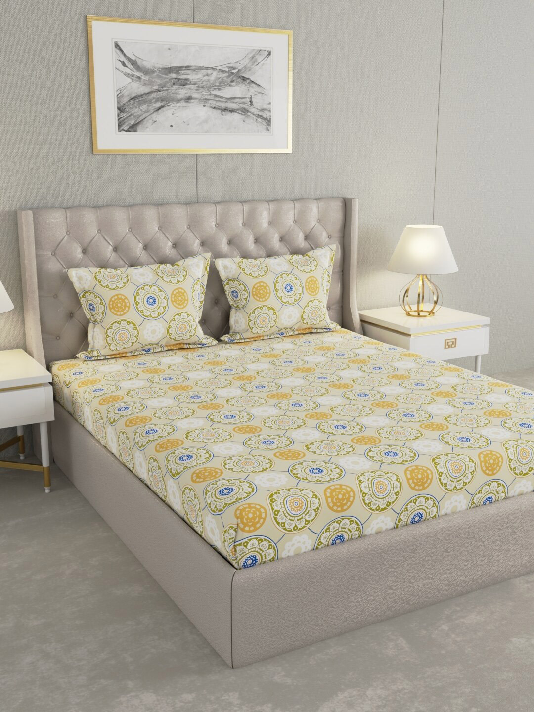 

Raymond Home Beige Ethnic Motifs Pure Cotton 104 TC Queen Bedsheet with 2 Pillow Covers, Green
