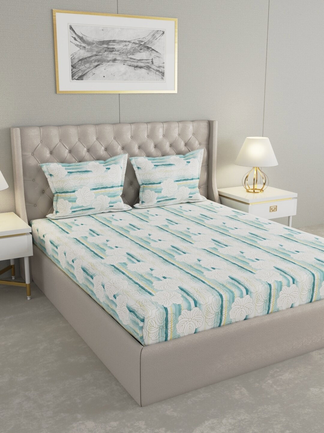 

Raymond Home White & Blue Floral Cotton 104 TC Queen Bedsheet with 2 Pillow Covers