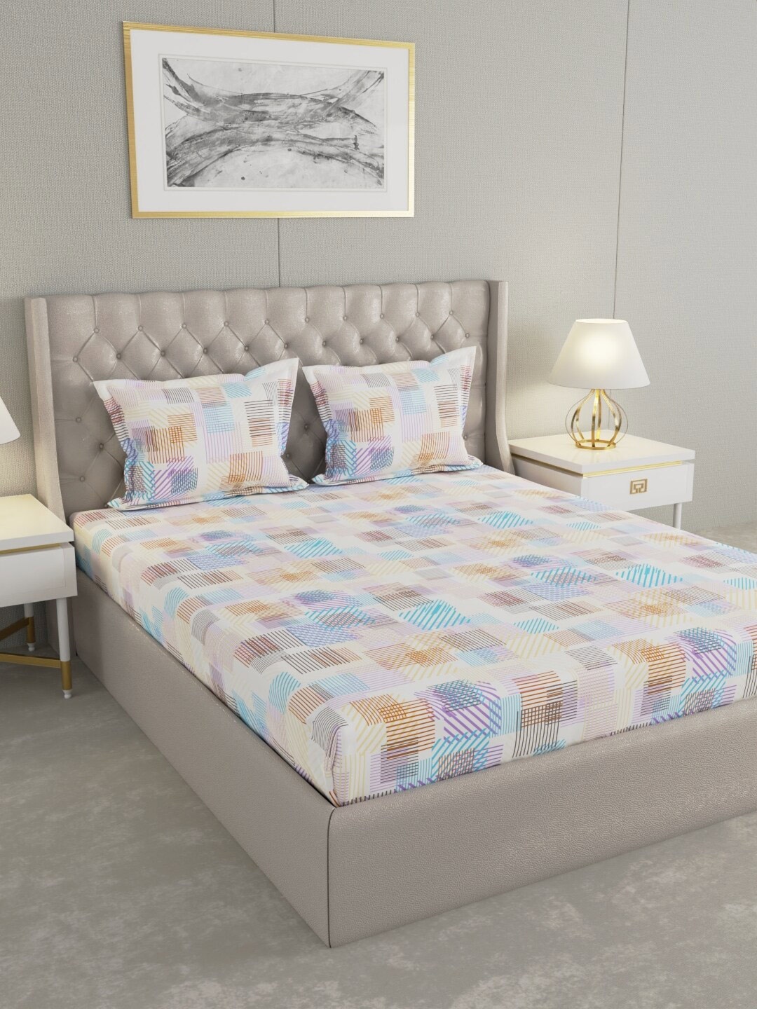 

Raymond Home Blue Geometric Pure Cotton104 TC Queen Bedsheet with 2 Pillow Covers