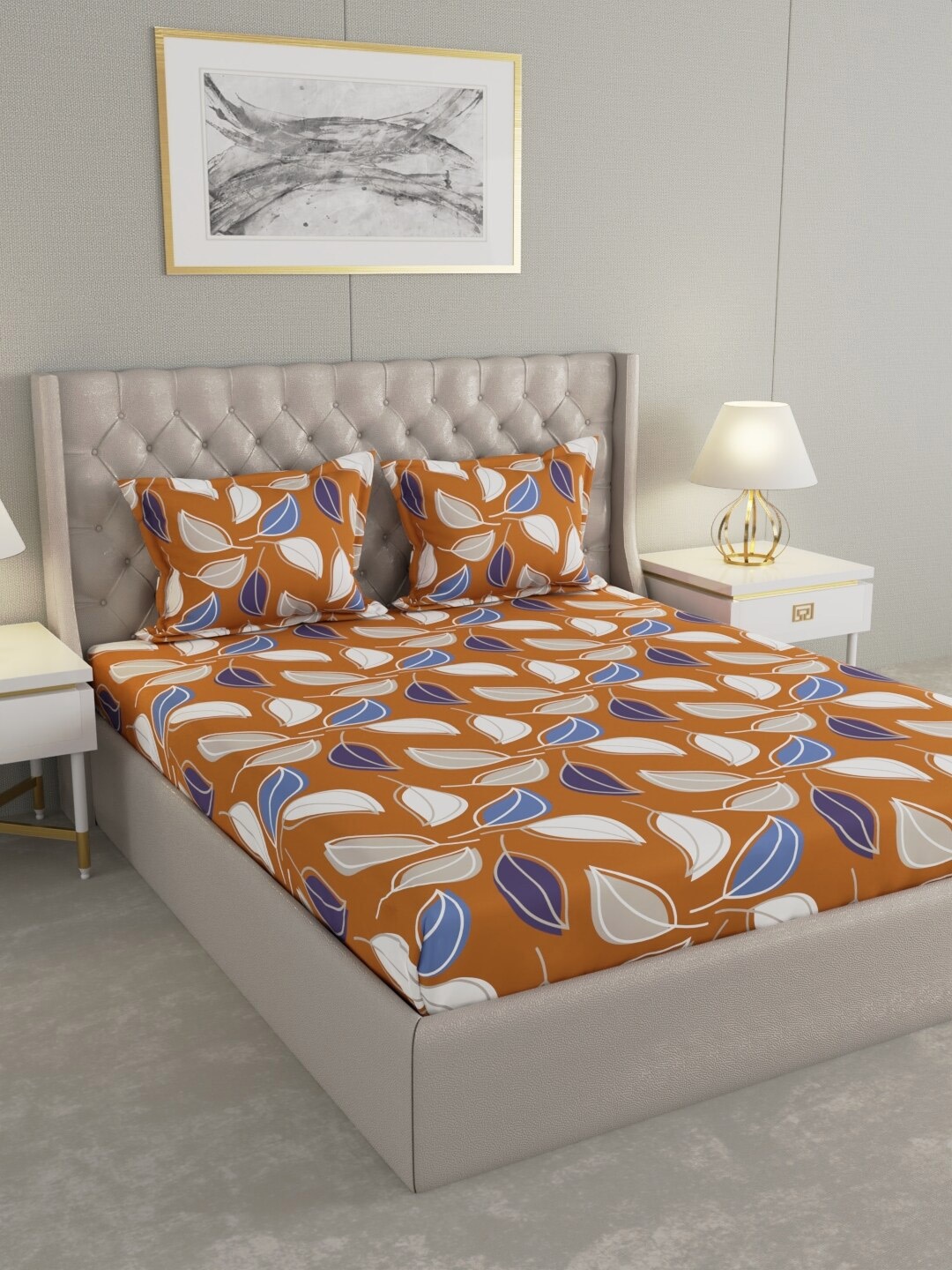 

Raymond Home Orange Floral Pure Cotton104 TC Queen Bedsheet with 2 Pillow Covers