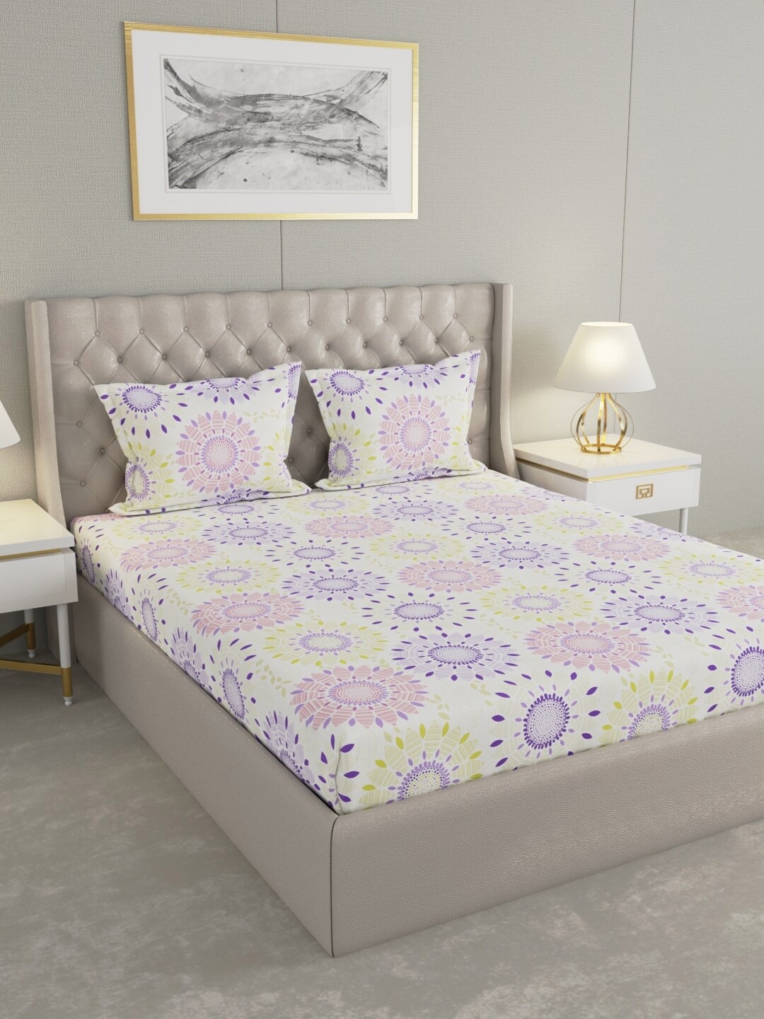 

Raymond Home White & Purple Floral Cotton 104 TC Queen Bedsheet with 2 Pillow Covers