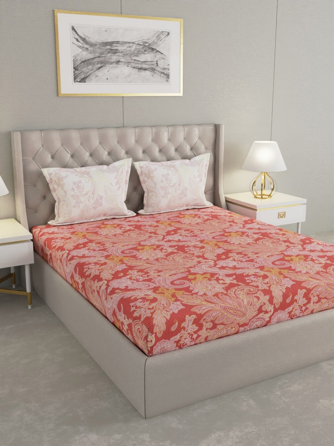 

Raymond Home Red & White Ethnic Motifs Cotton 144 TC Queen Bedsheet With 2 Pillow Covers