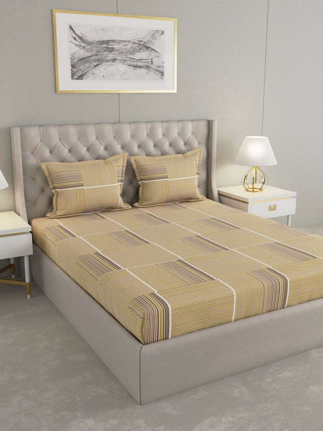 

Raymond Home Yellow Geometric Pure Cotton 104 TC Queen Bedsheet with 2 Pillow Covers