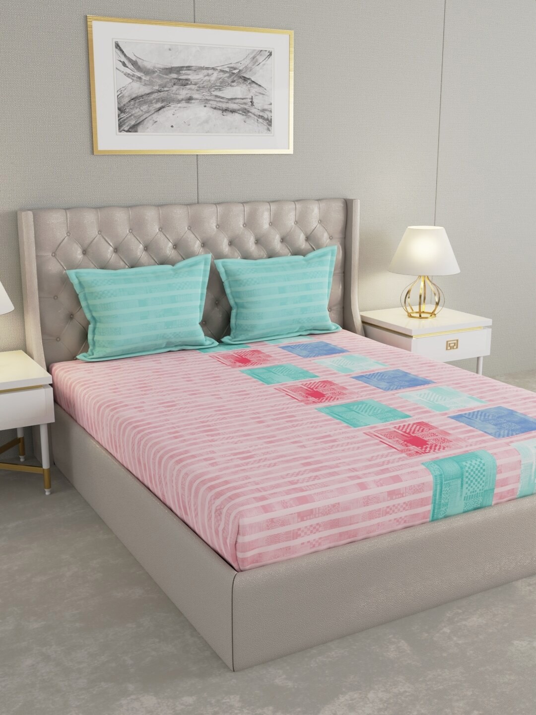 

Raymond Home Pink Geometric Pure Cotton 144 TC Queen Bedsheet with 2 Pillow Covers