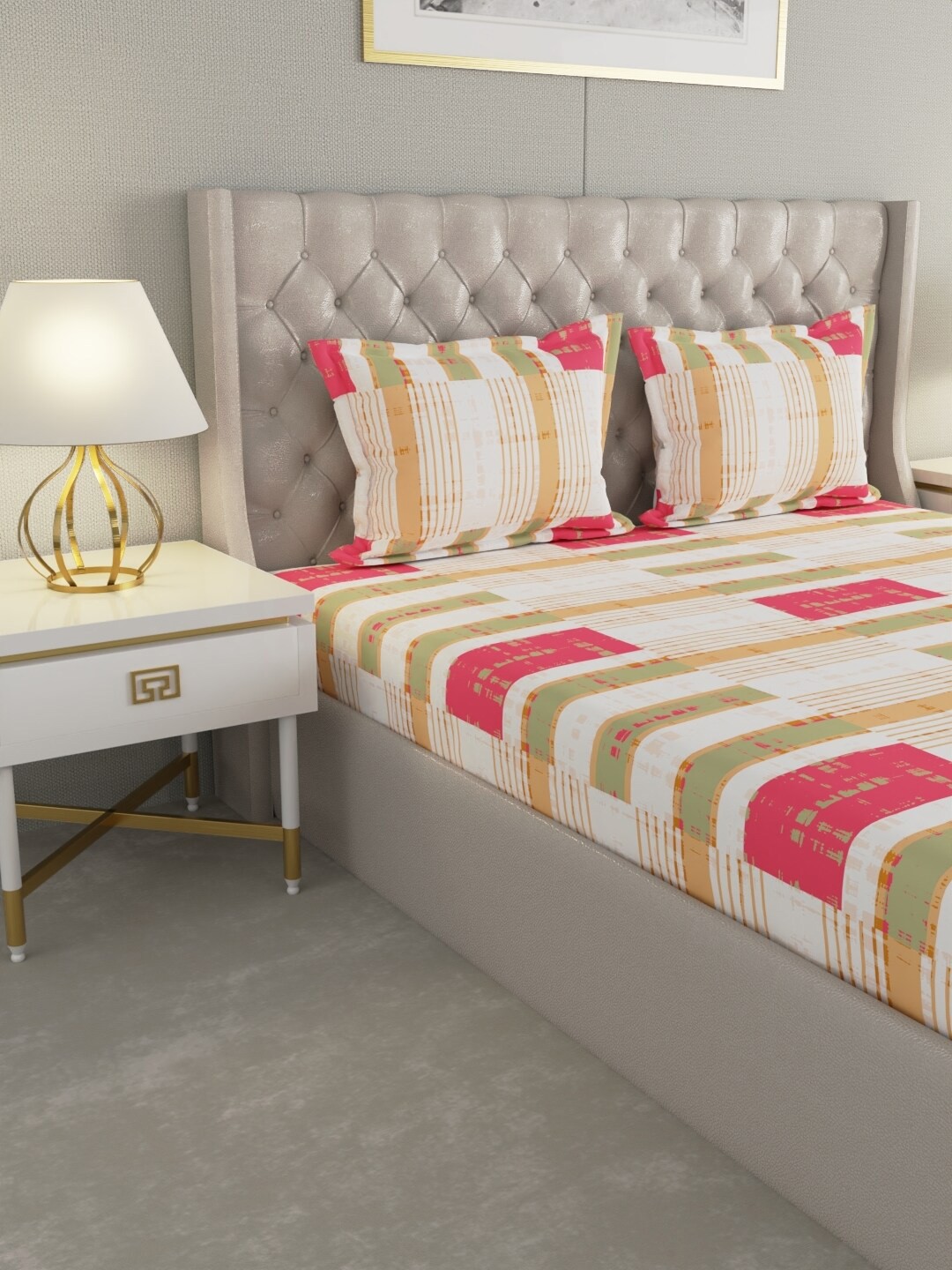 

Raymond Home Mustard Geometric Pure Cotton 104 TC Queen Bedsheet with 2 Pillow Covers