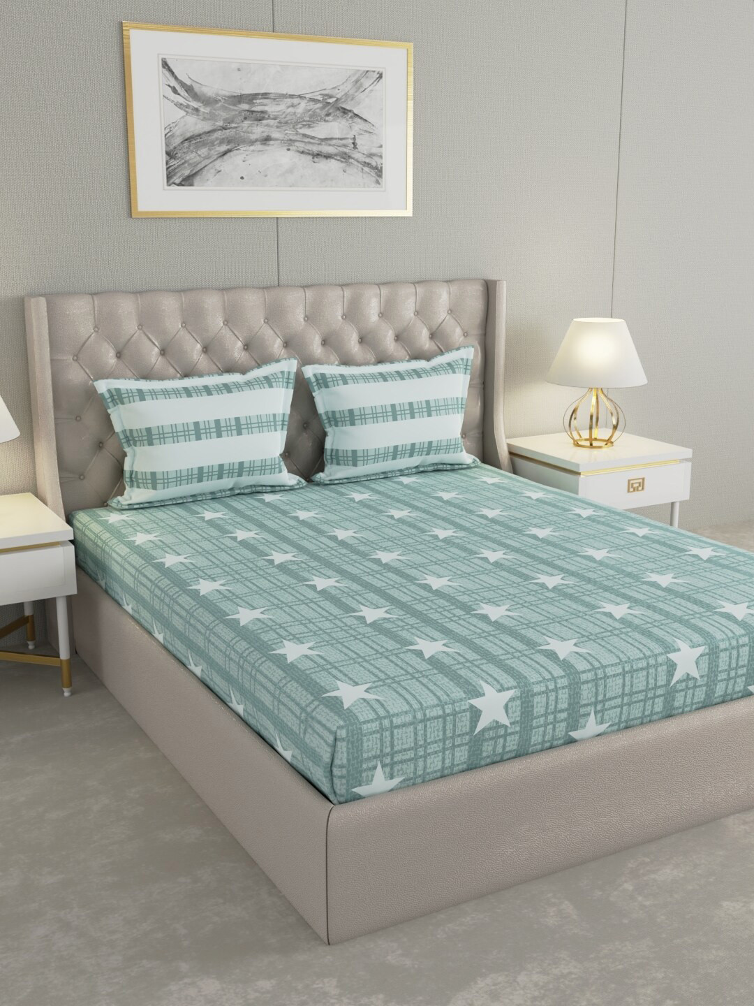 

Raymond Home Green & Blue Geometric Cotton 144 TC Queen Bedsheet With 2 Pillow Covers