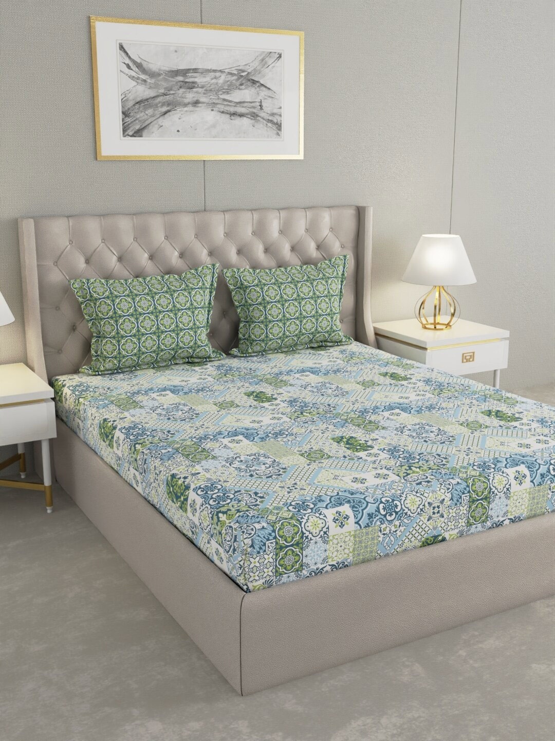 

Raymond Home Green Ethnic Motifs Pure Cotton 144 TC Queen Bedsheet with 2 Pillow Covers