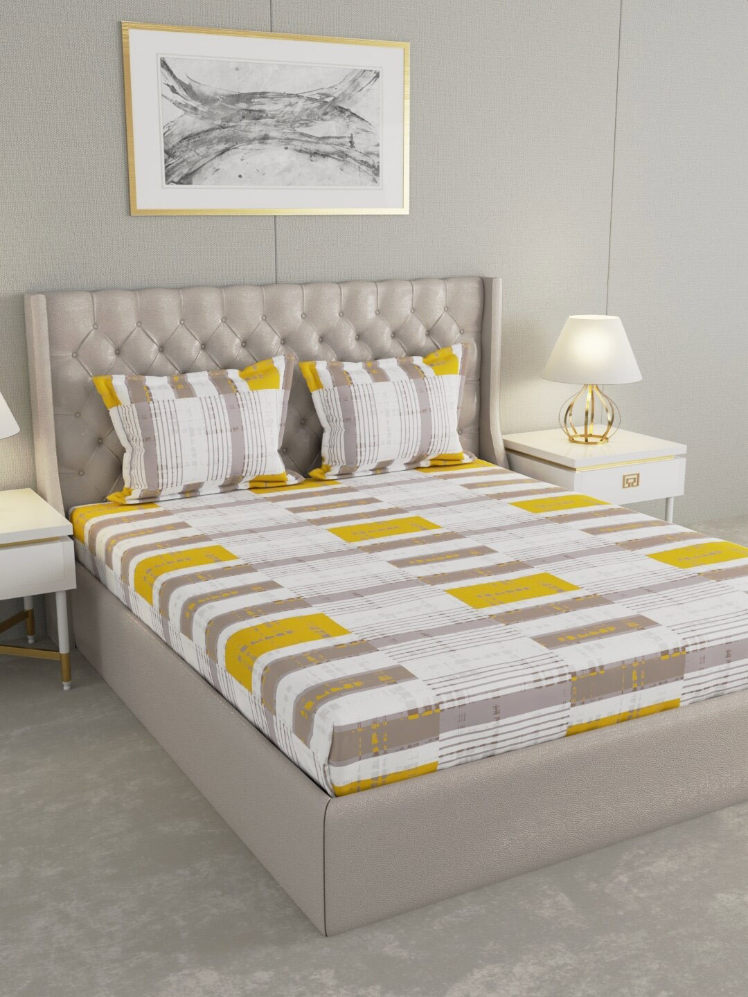 

Raymond Home Grey & Yellow Striped Cotton 104 TC Queen Bedsheet With 2 Pillow Covers