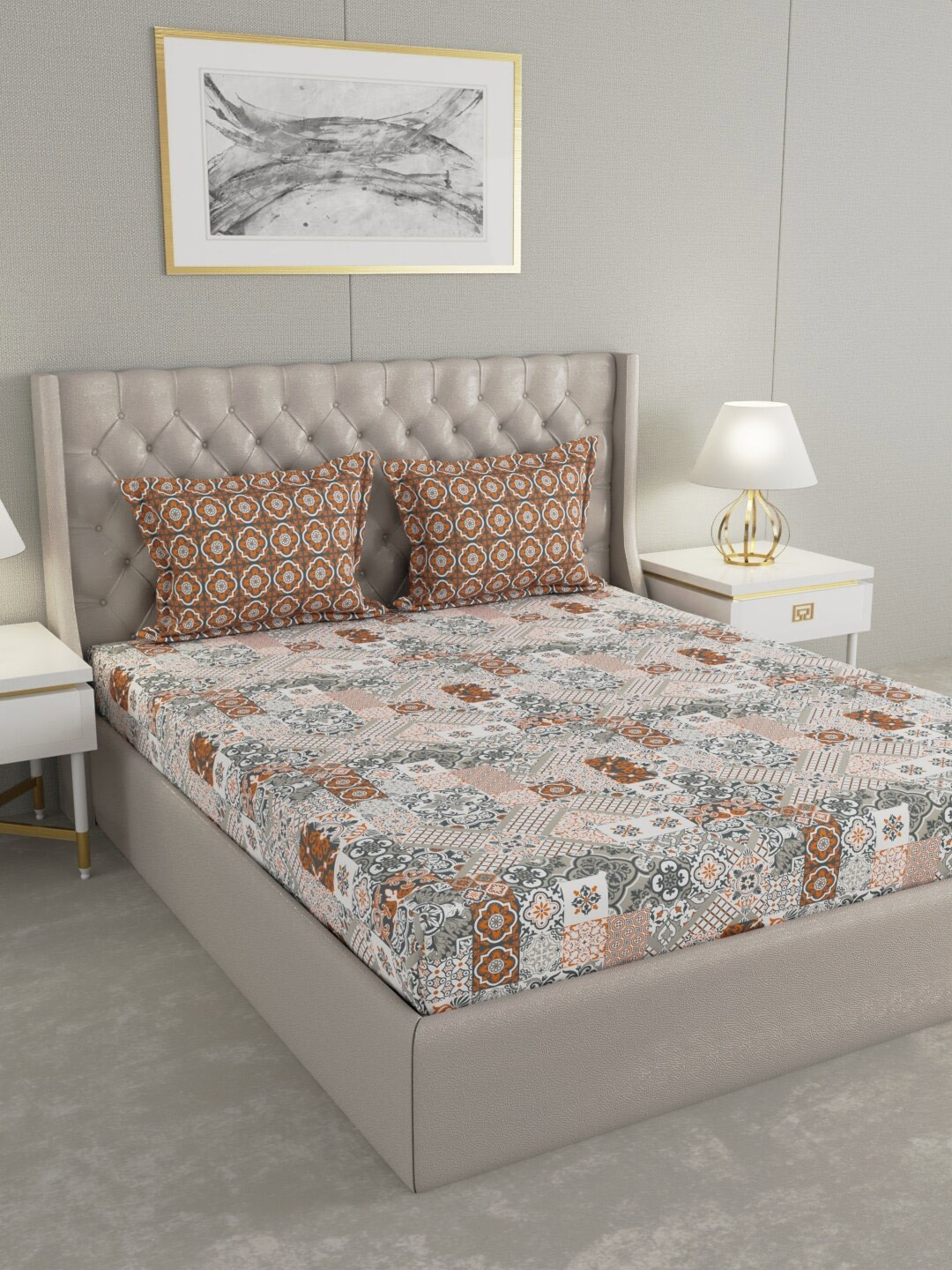 

Raymond Home White & Grey Ethnic Motifs Cotton 144 TC Queen Bedsheet with 2 Pillow Covers