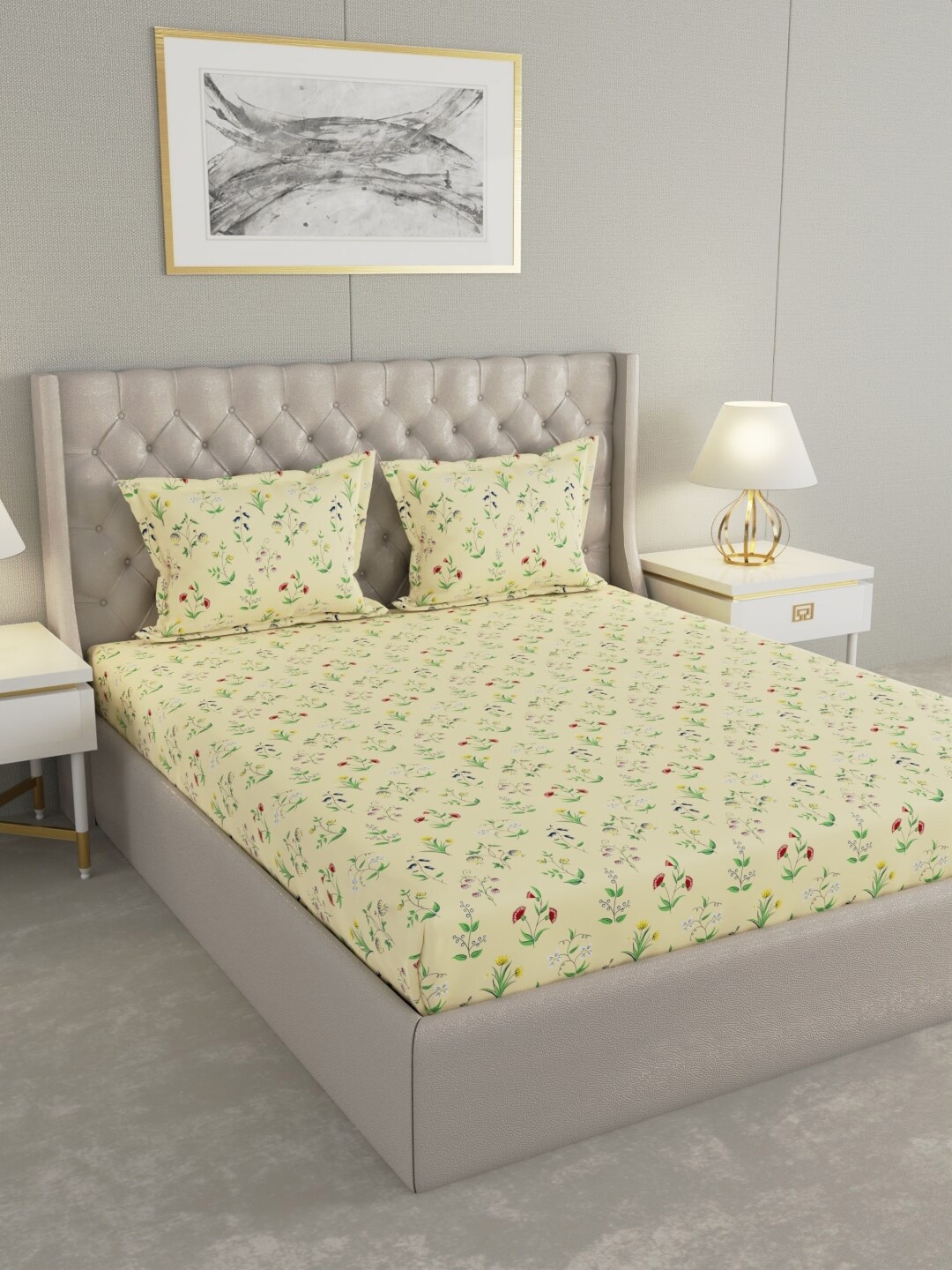 

Raymond Home Yellow &Green Floral Cotton 104 TC Queen Bedsheet with 2 Pillow Covers