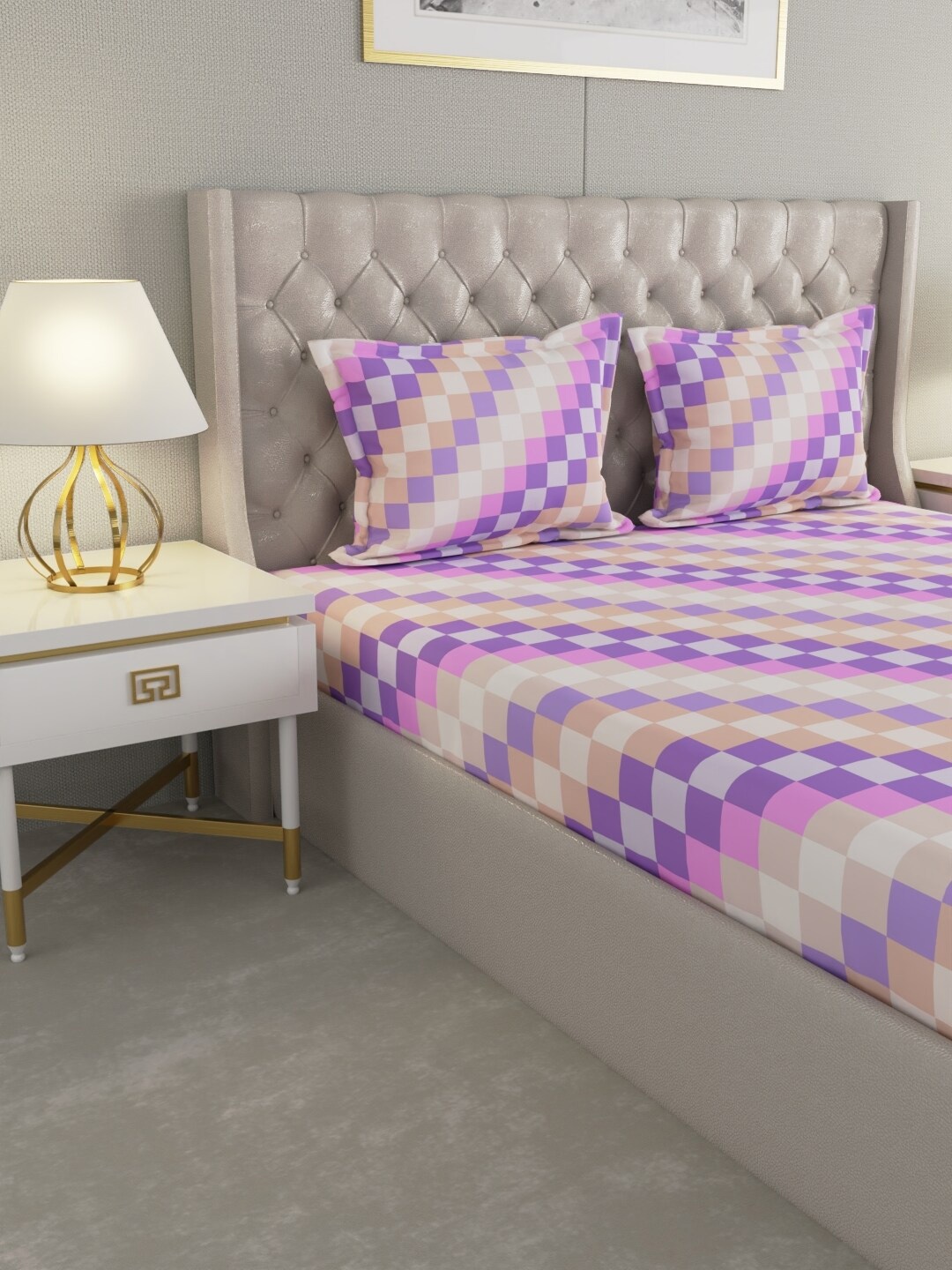 

Raymond Home Lavender & Pink Geometric Cotton 104 TC Queen Bedsheet with 2 Pillow Covers