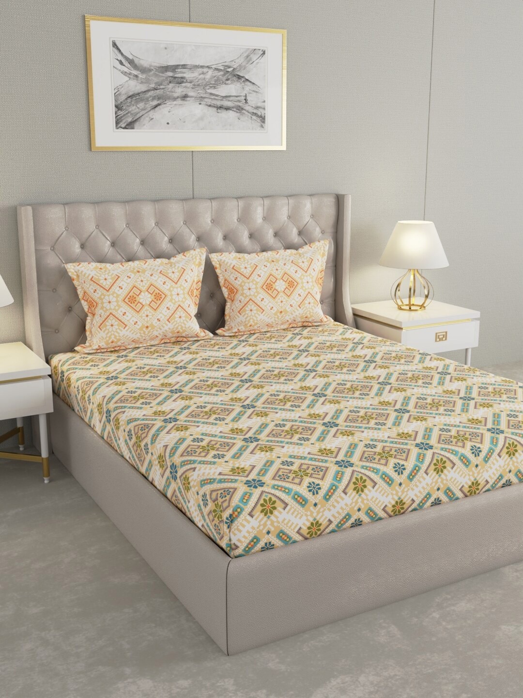 

Raymond Home Yellow Ethnic Motifs Cotton 144 TC Queen Bedsheet With 2 Pillow Covers
