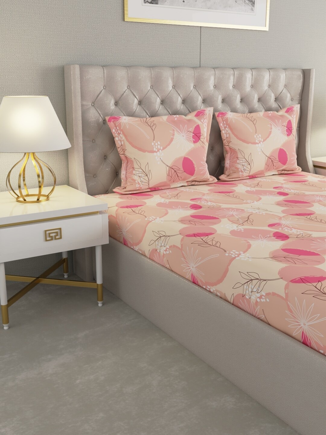 

Raymond Home Pink & Beige Floral Cotton 104 TC Queen Bedsheet with 2 Pillow Covers