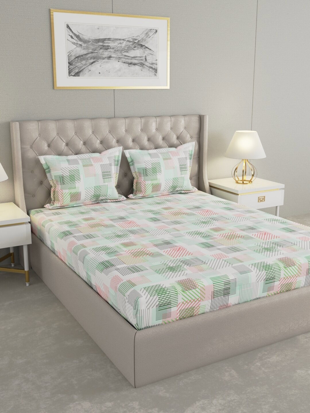 

Raymond Home White & Green Geometric Cotton 104 TC Queen Bedsheet with 2 Pillow Covers