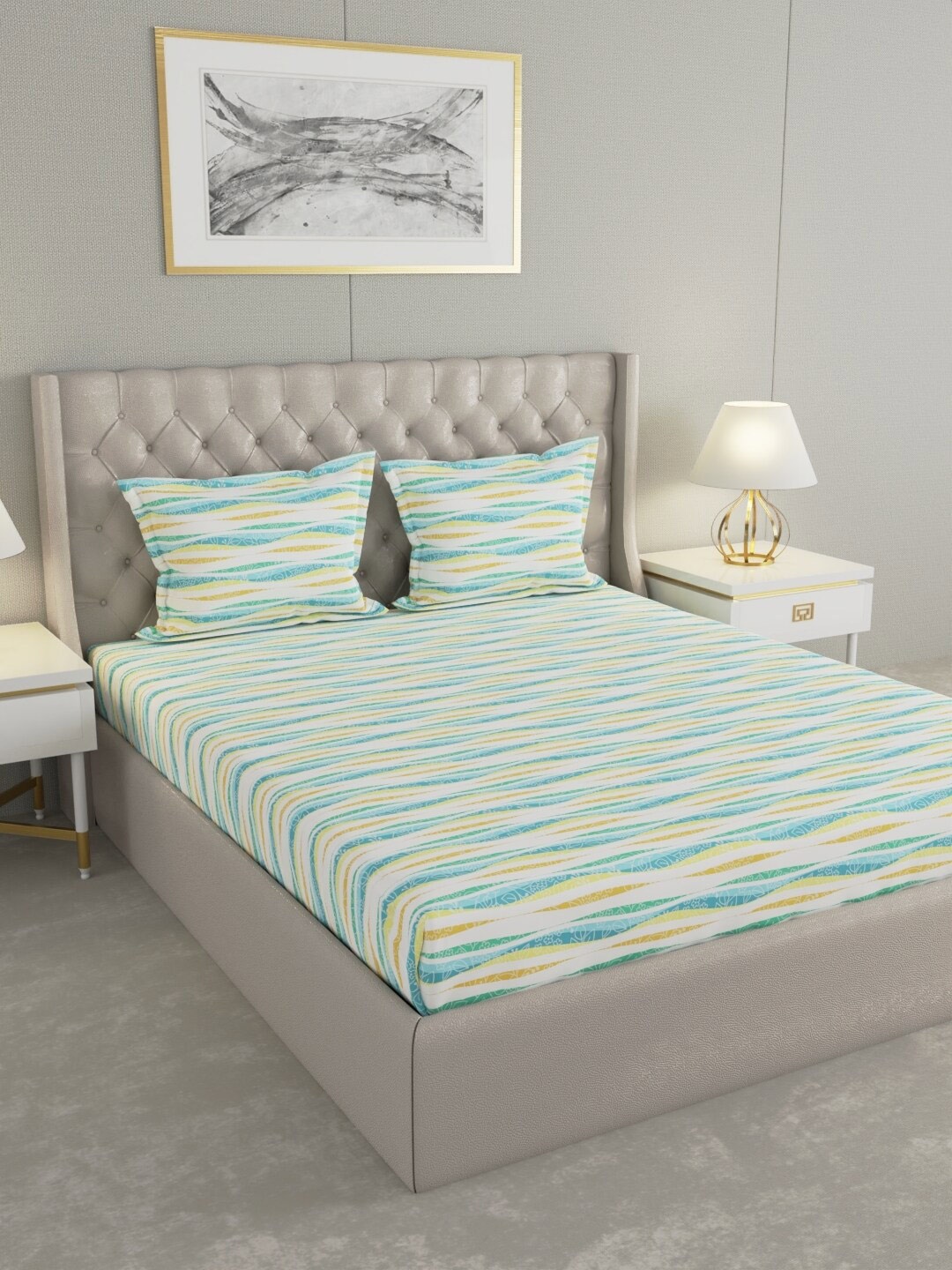 

Raymond Home Blue & White Striped Cotton 104 TC Queen Bedsheet With 2 Pillow Covers