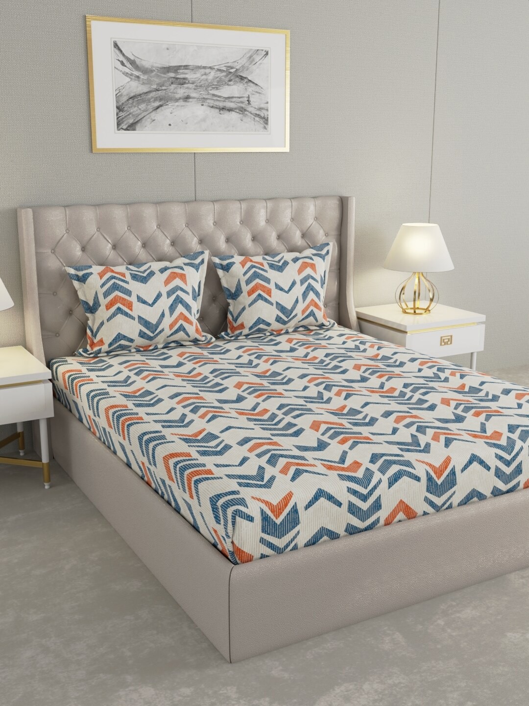 

Raymond Home Grey & Blue Geometric Cotton 104 TC Queen Bedsheet With 2 Pillow Covers