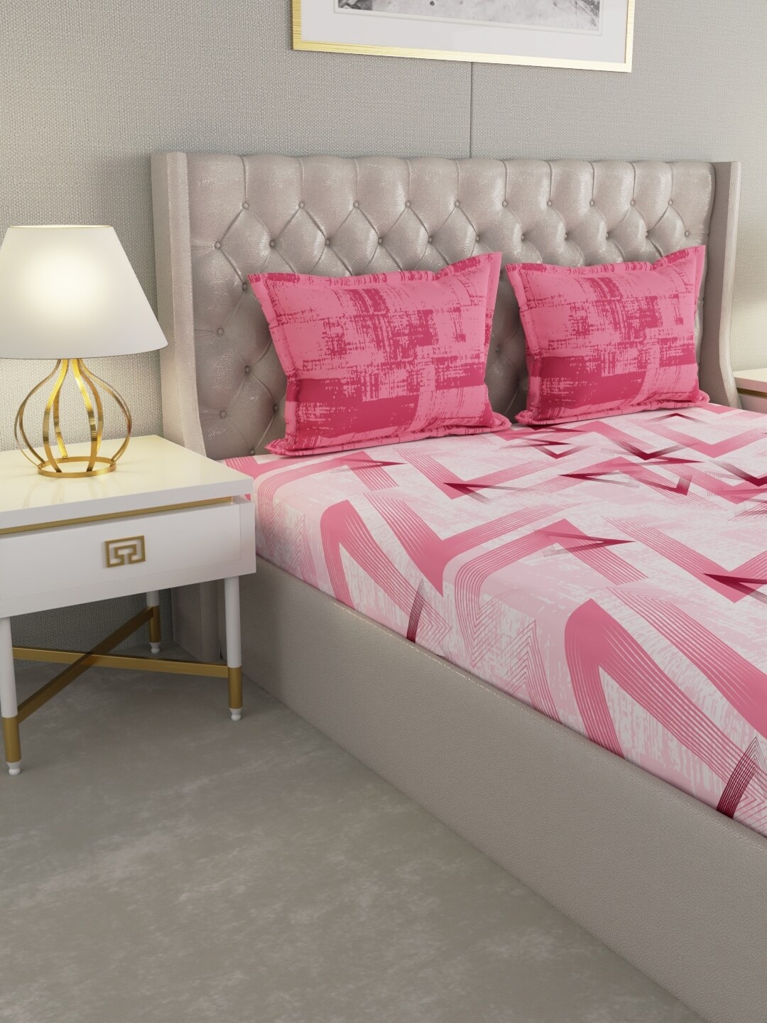 

Raymond Home White & Pink Abstract Cotton 144 TC Queen Bedsheet With 2 Pillow Covers