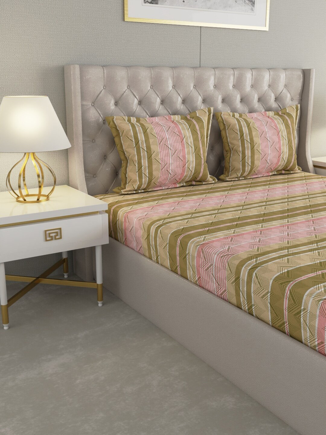 

Raymond Home Green& Pink Striped Cotton 104 TC Queen Bedsheet with 2 Pillow Covers