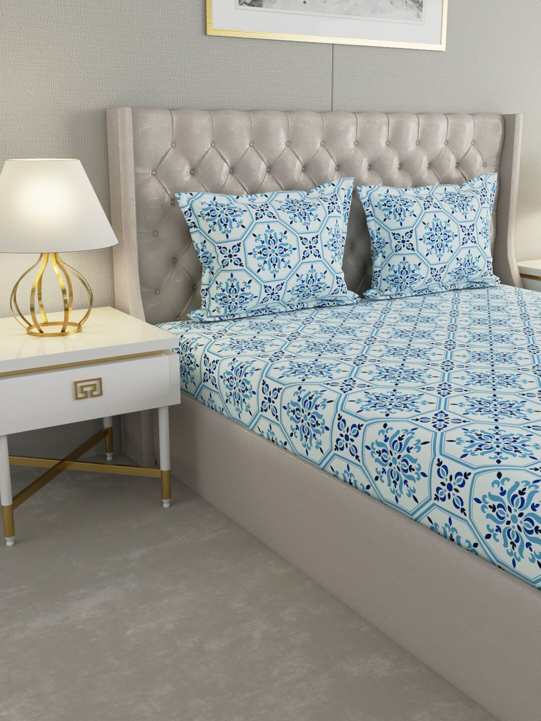 

Raymond Home White & Blue Ethnic Motifs Cotton 104 TC Queen Bedsheet with 2 Pillow Covers