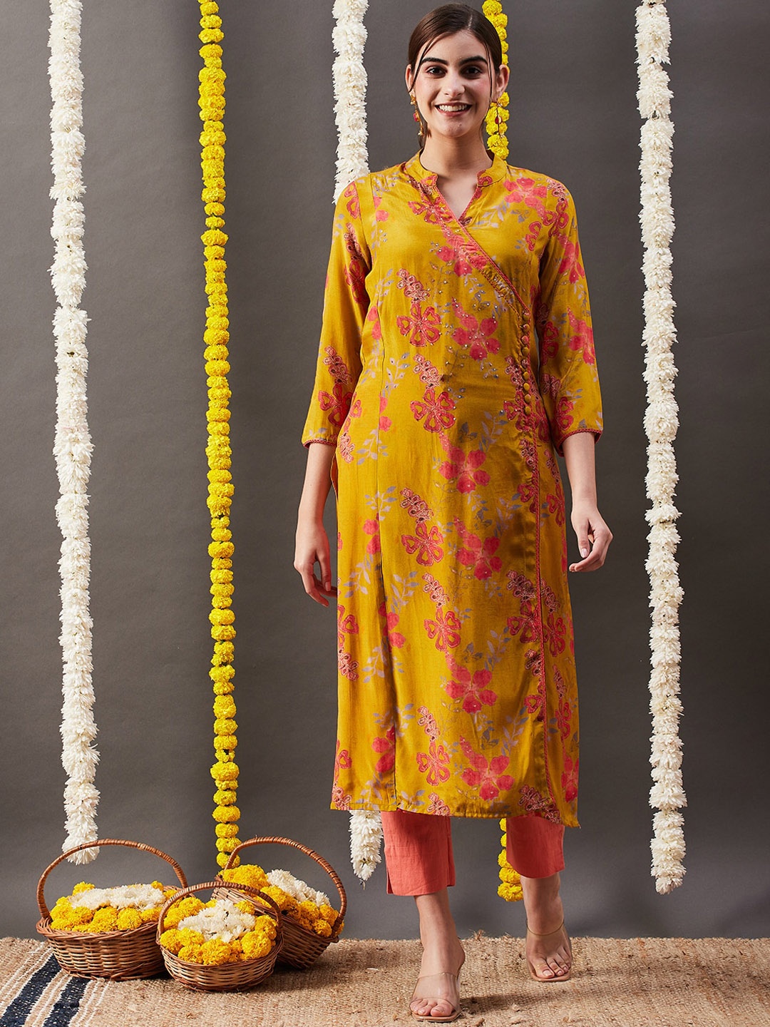 

FASHOR Mustard Yellow Floral Printed Sequinned Kurta