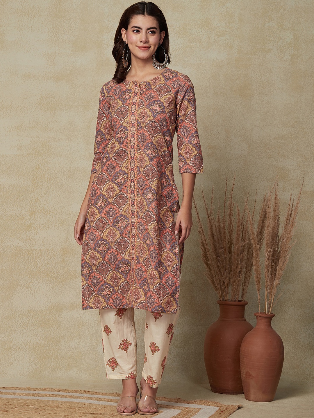 

FASHOR Ethnic Motifs Printed Regular Pure Cotton Kurta with Trousers, Peach