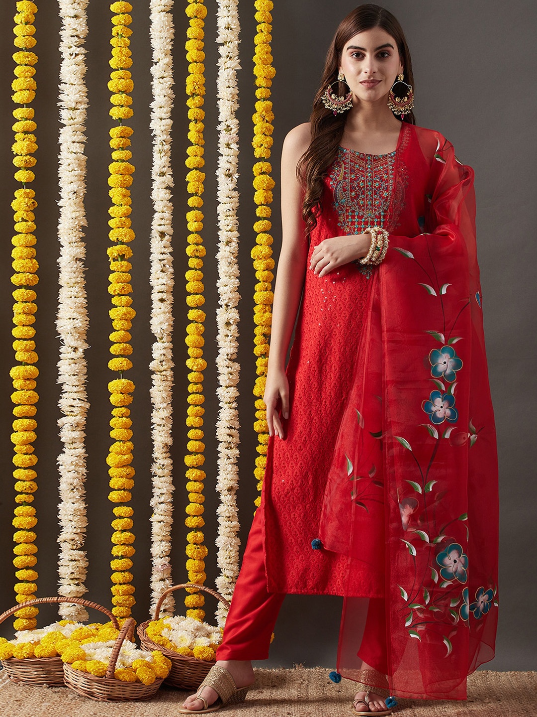 

FASHOR Floral Embroidered Regular Sequinned Kurta with Trousers & Dupatta, Red