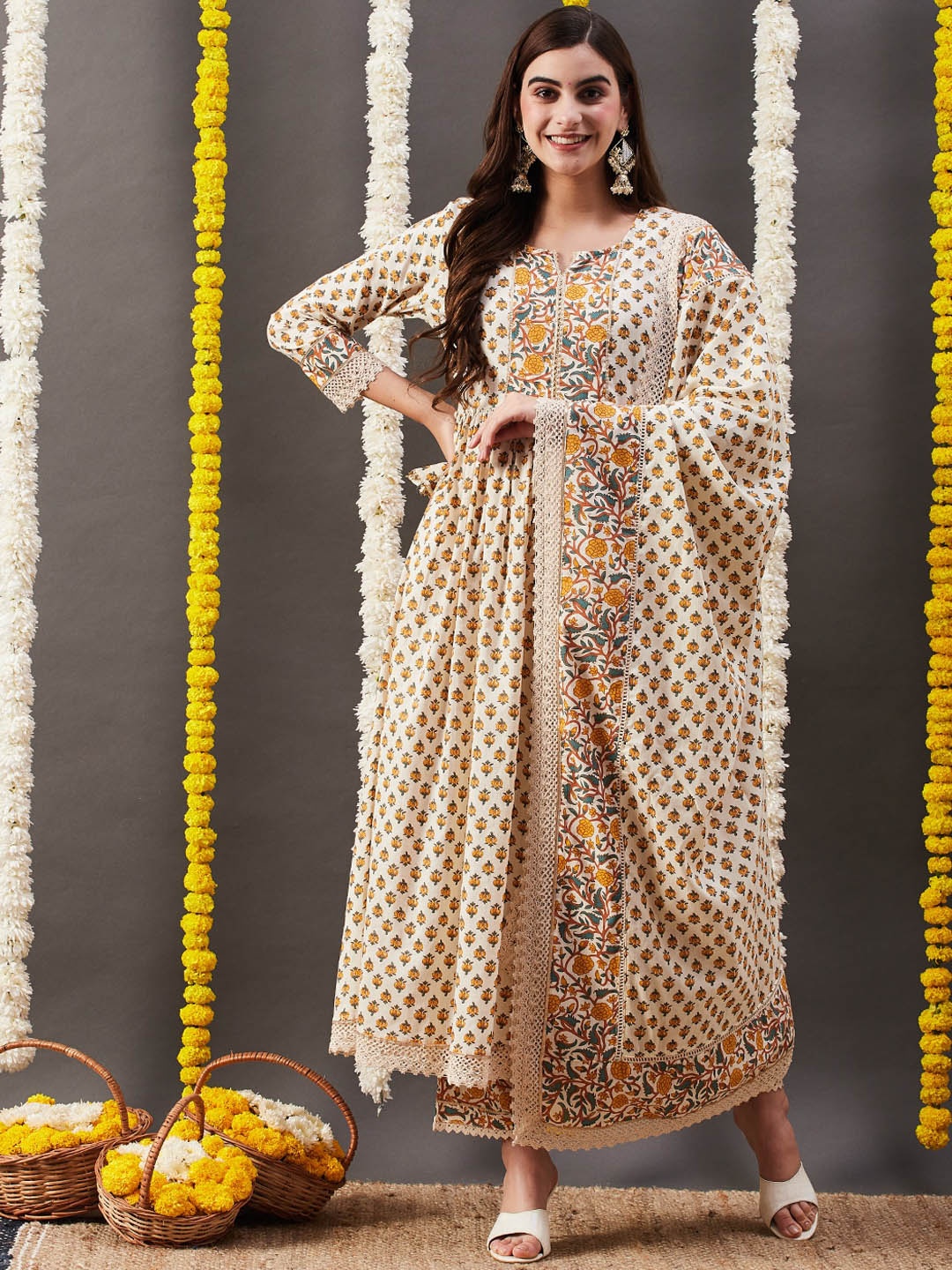 

FASHOR Floral Printed Pleated Pure Cotton Kurta with Trousers & Dupatta, Off white