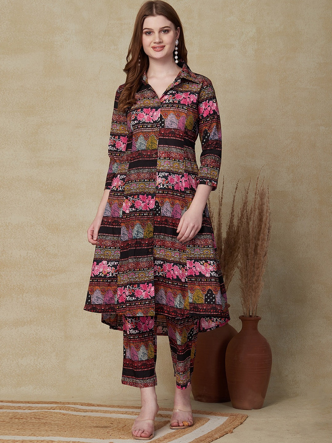 

FASHOR Black Ethnic Motifs Printed Pure Cotton Asymmetric A-Line Kurta with Trouser