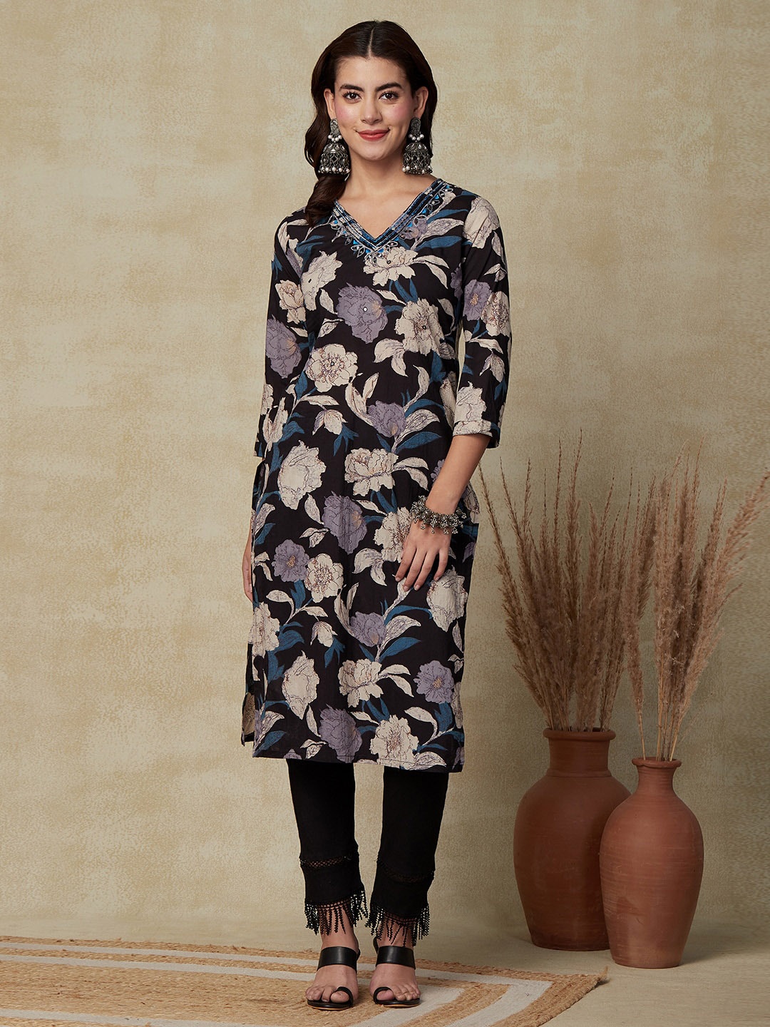 FASHOR Floral Printed Mirror Work Cotton Straight Kurta, Black