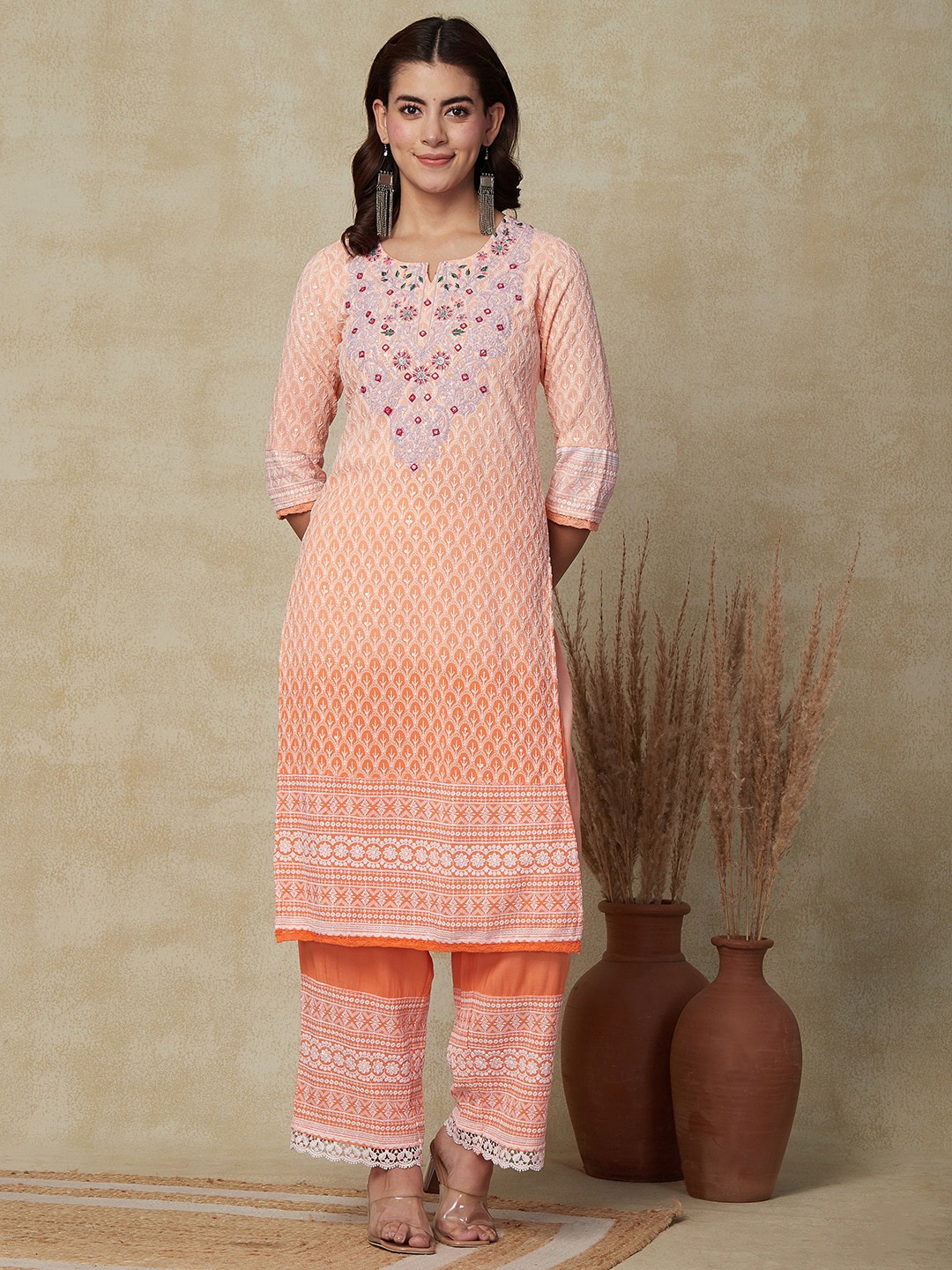 

FASHOR Orange Ethnic Motifs Embroidered Ombre Chikankari Kurta With Palazzo