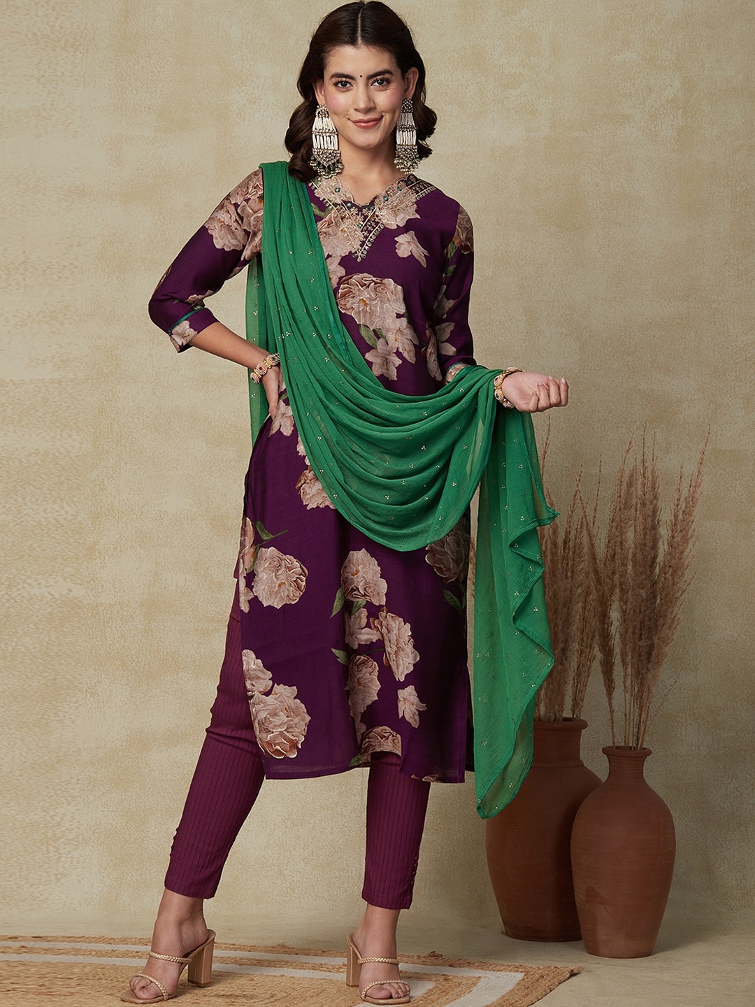 FASHOR Floral Printed Sequinned Straight Kurta With Dupatta, Violet