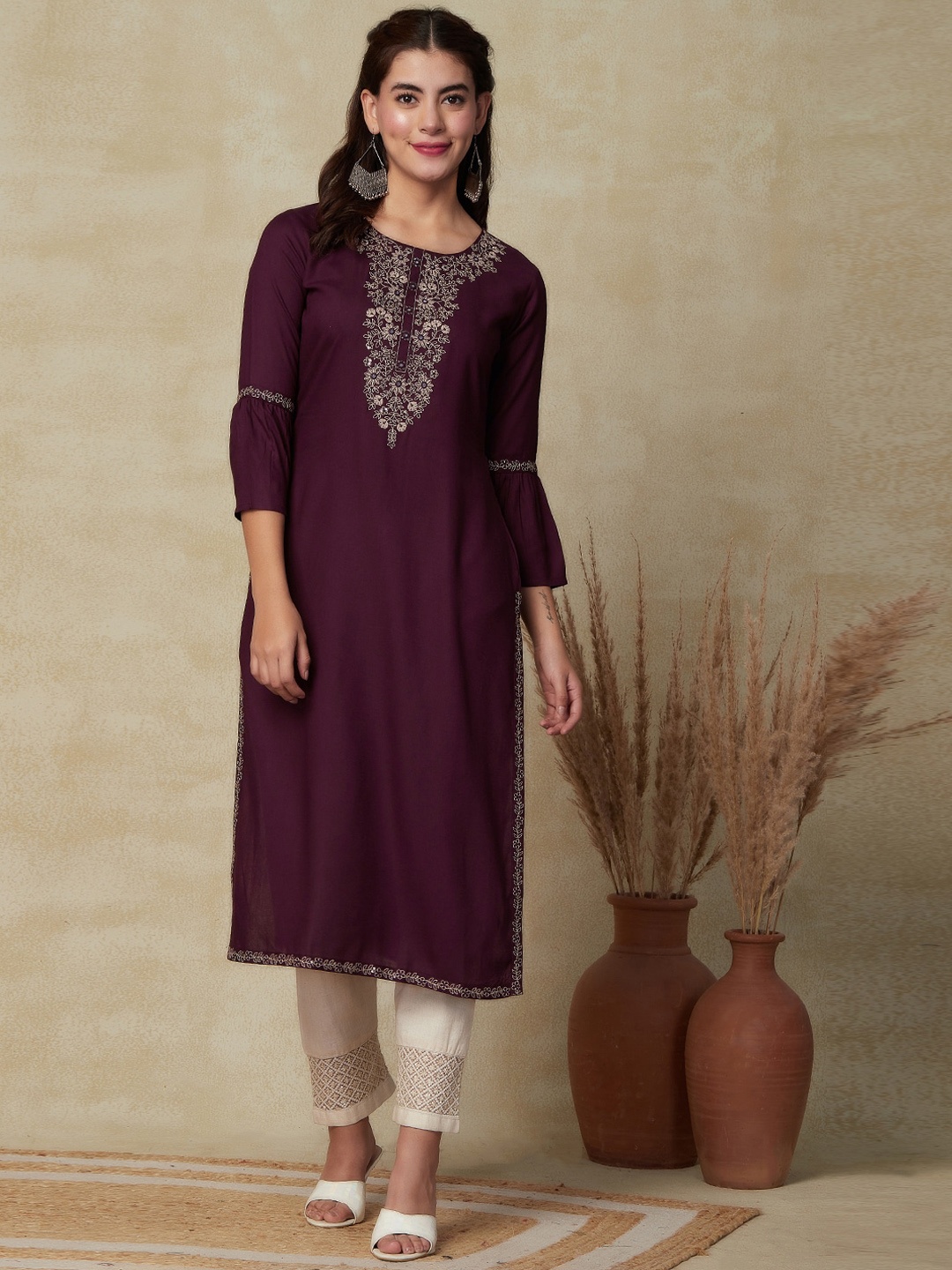 

FASHOR Floral Yoke Design Mirror Work Straight Kurta, Burgundy