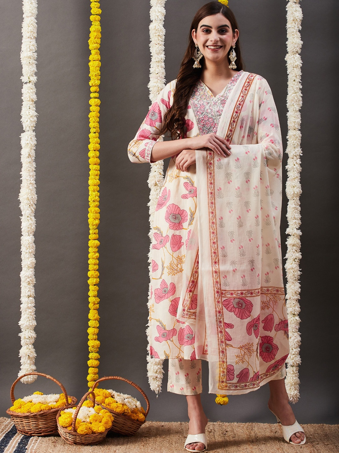 

FASHOR Off White Floral Printed Sequined Pure Cotton Straight Kurta With Trouser & Dupatta