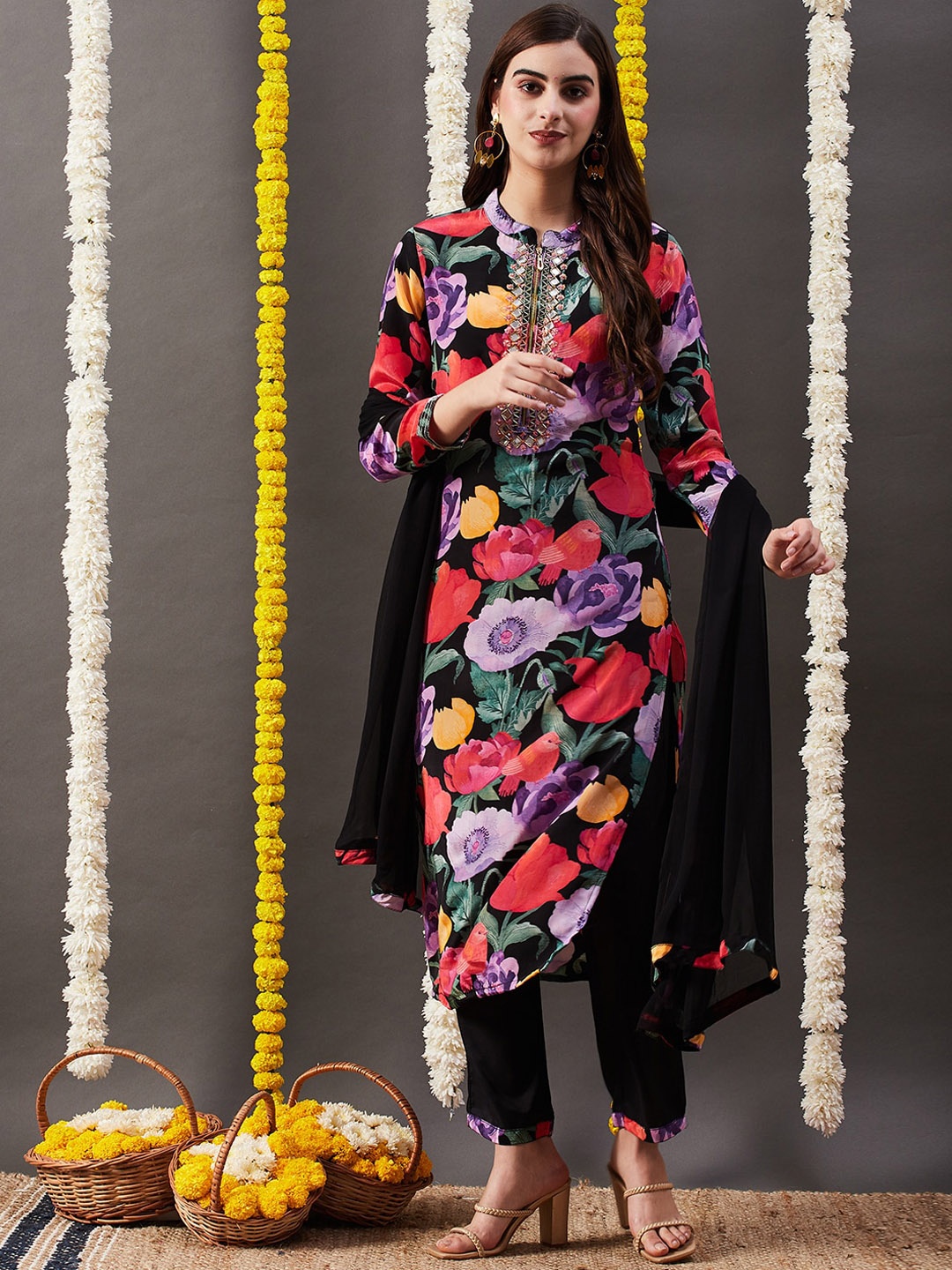 

FASHOR Black Floral Printed Mirror Work Kurta with Trouser & Dupatta