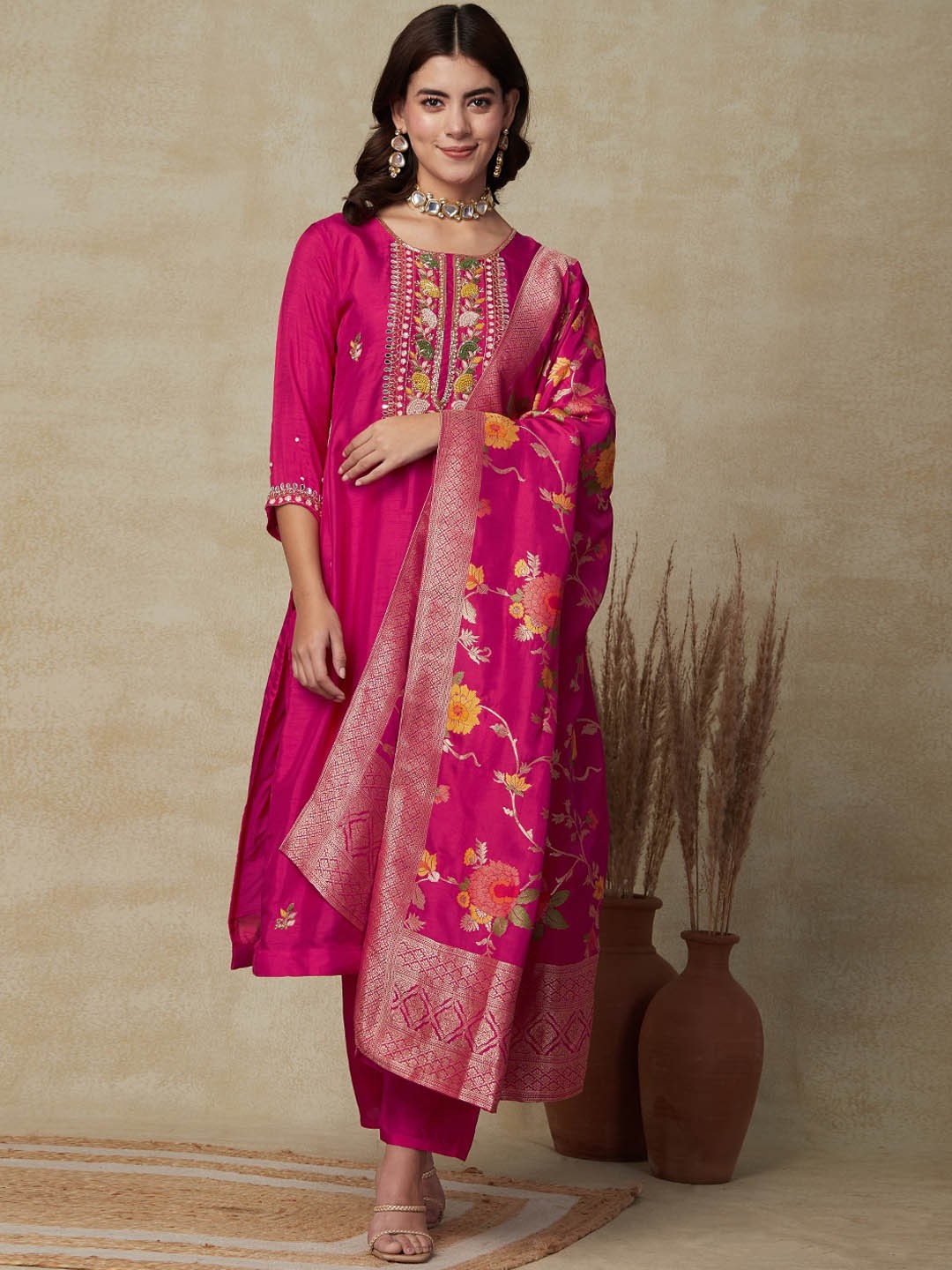 

FASHOR Pink Floral Yoke Design Thread Work Kurta With Trouser & Dupatta