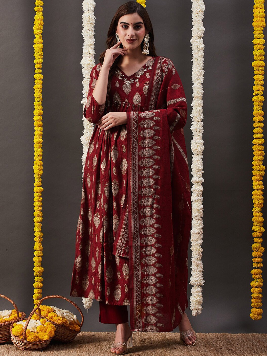 

FASHOR Rust Maroon Ethnic Motifs Printed Thread Work A-Line Kurta With Trouser & Dupatta