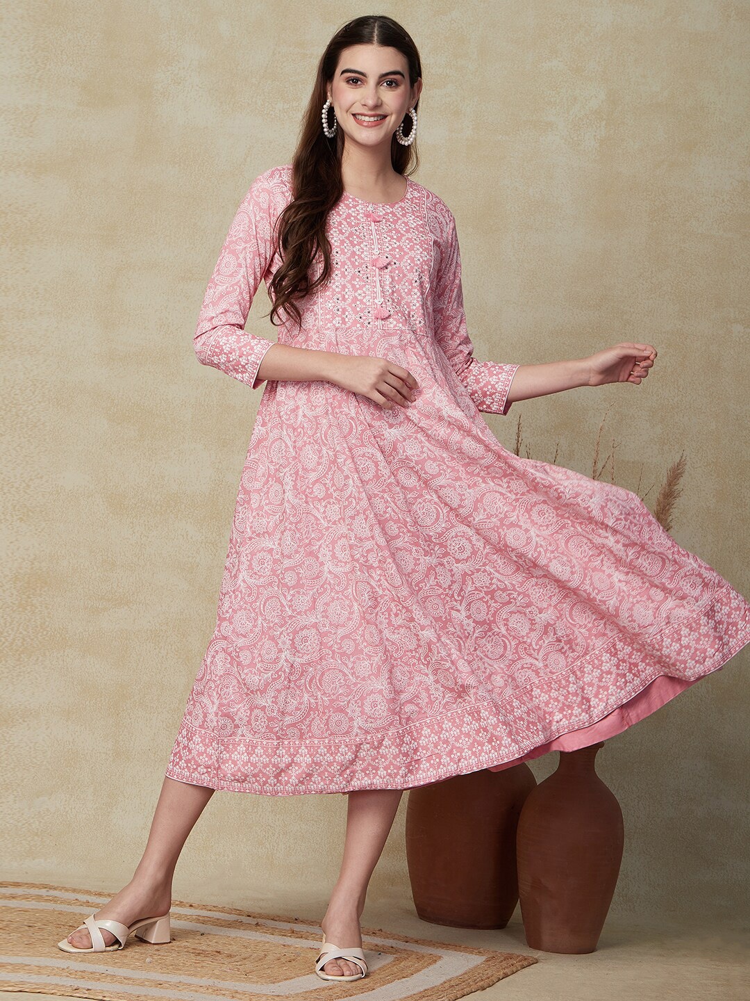 

FASHOR Pink Floral Printed Embroidered Detailed Fit & Flare Midi Ethnic Dress