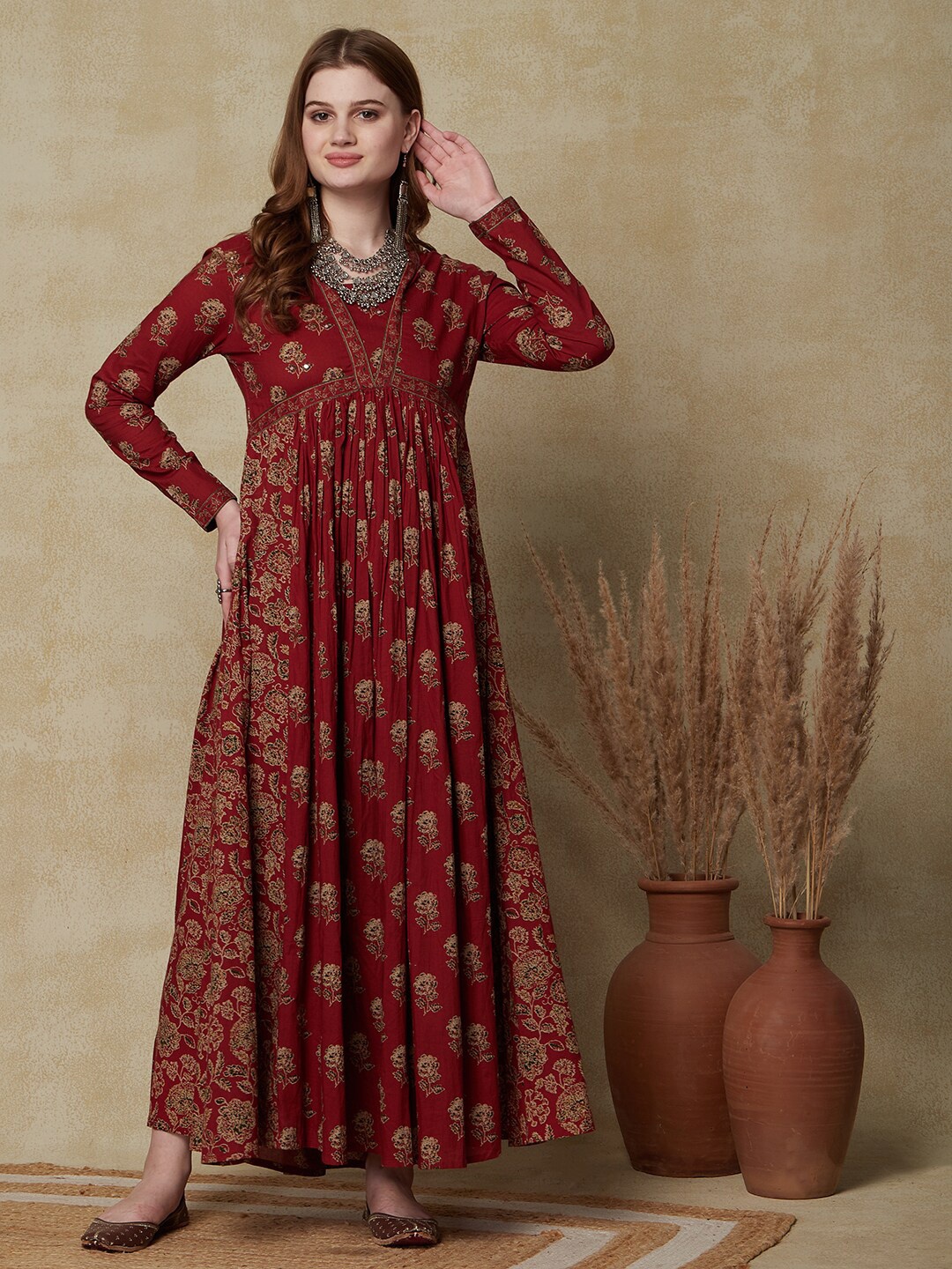 

FASHOR Maroon Ethnic Motifs Printed Gathered Detailed Cotton Maxi Ethnic Dress