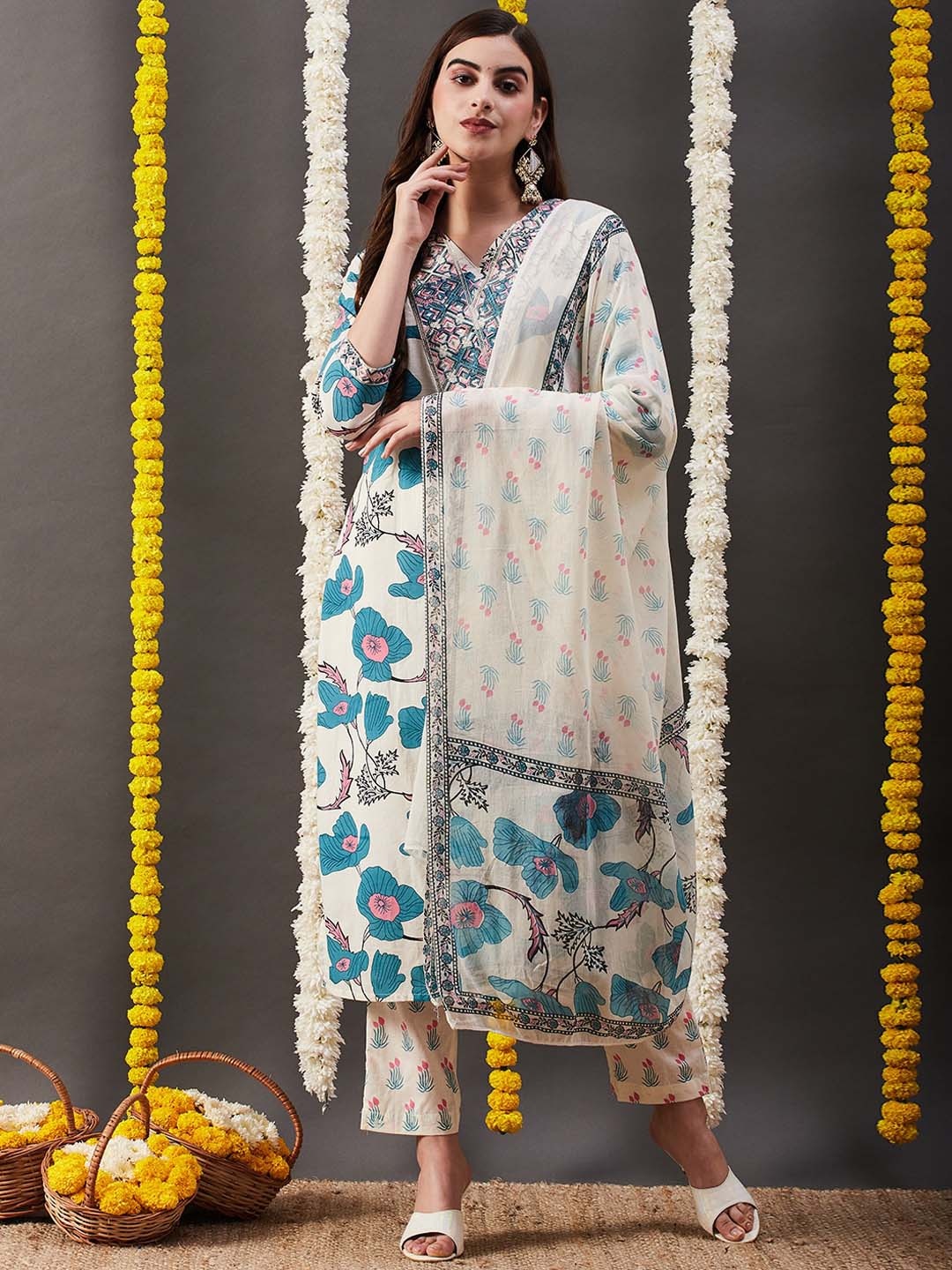 

FASHOR Off White Floral Printed Sequined Pure Cotton Straight Kurta With Trouser & Dupatta