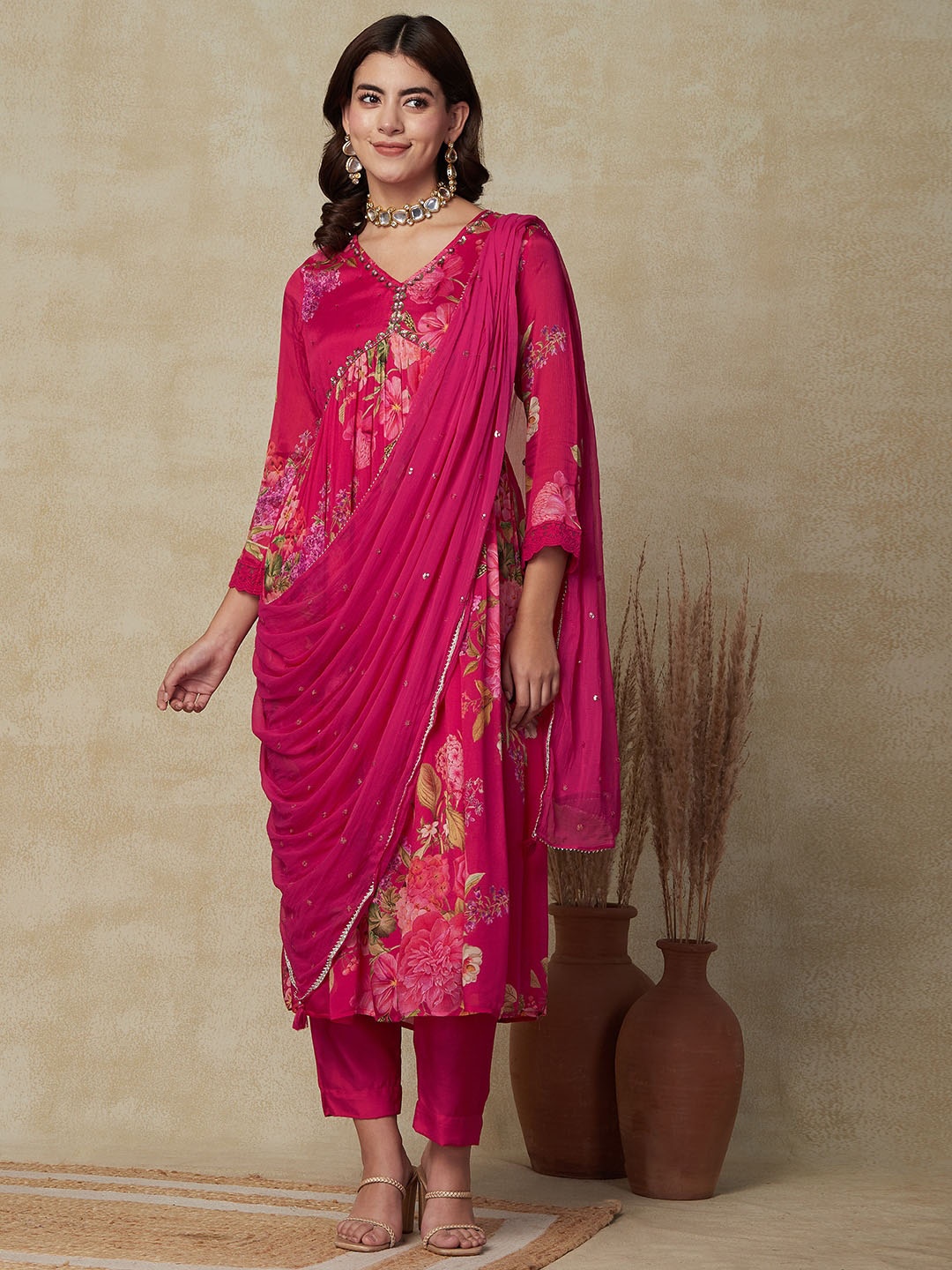 

FASHOR Floral Printed Pleated Beads and Stones A-Line Kurta With Trousers & Dupatta, Pink