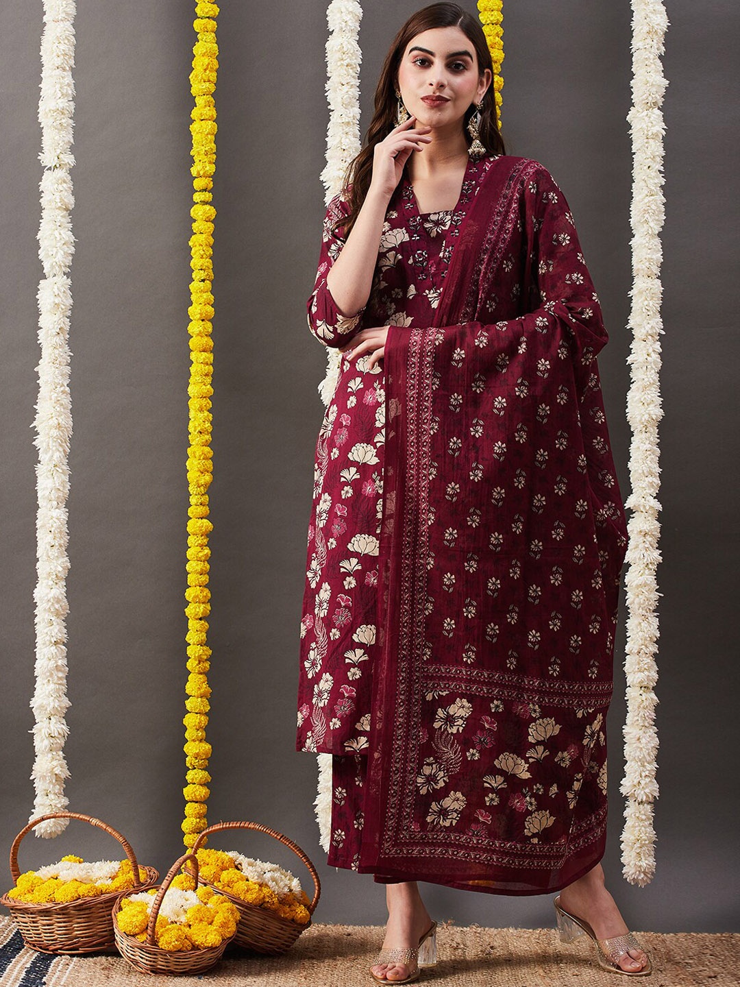 

FASHOR Floral Printed Mirror Work Pure Cotton Straight Kurta With Trousers & Dupatta, Magenta