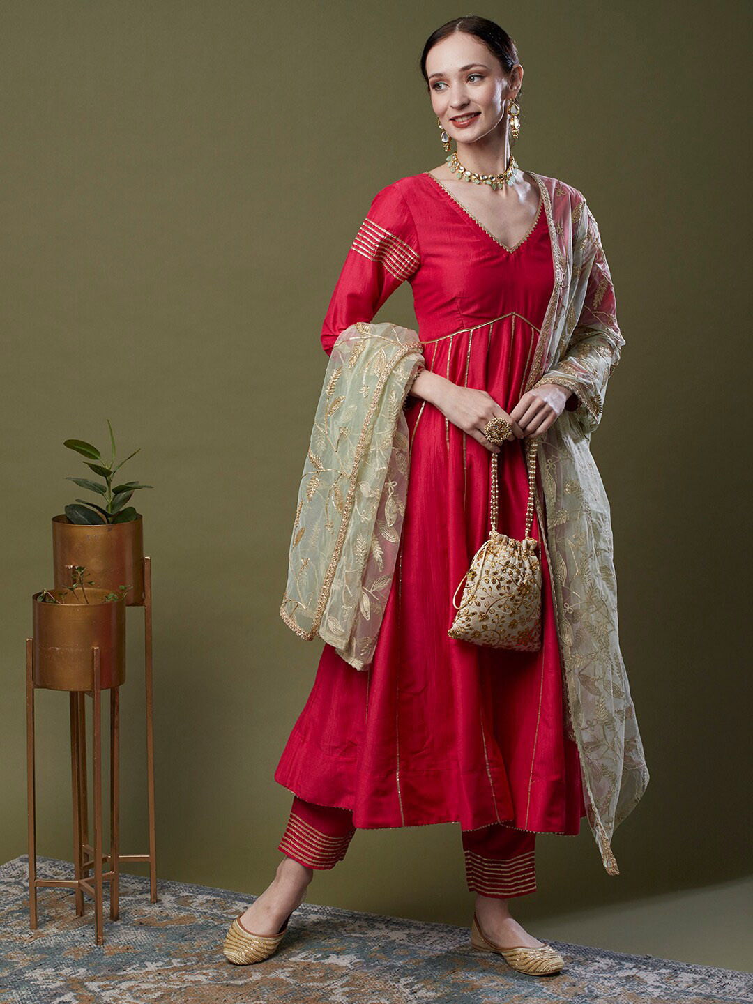 

FASHOR Striped Embroidered A-Line Kurta With Trousers & Dupatta, Red