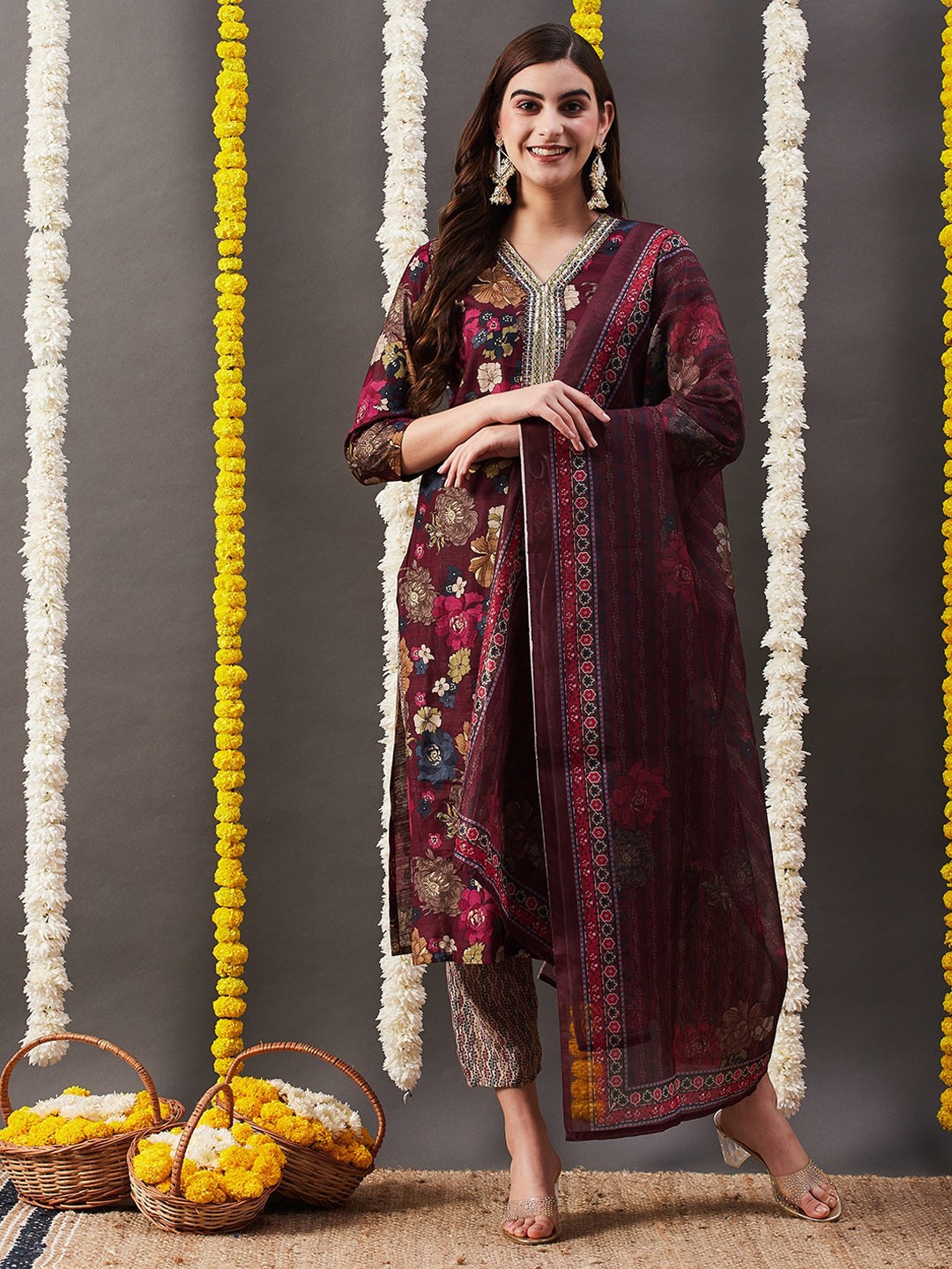 

FASHOR Floral Printed Mirror Work Straight Kurta With Trousers & Dupatta, Purple