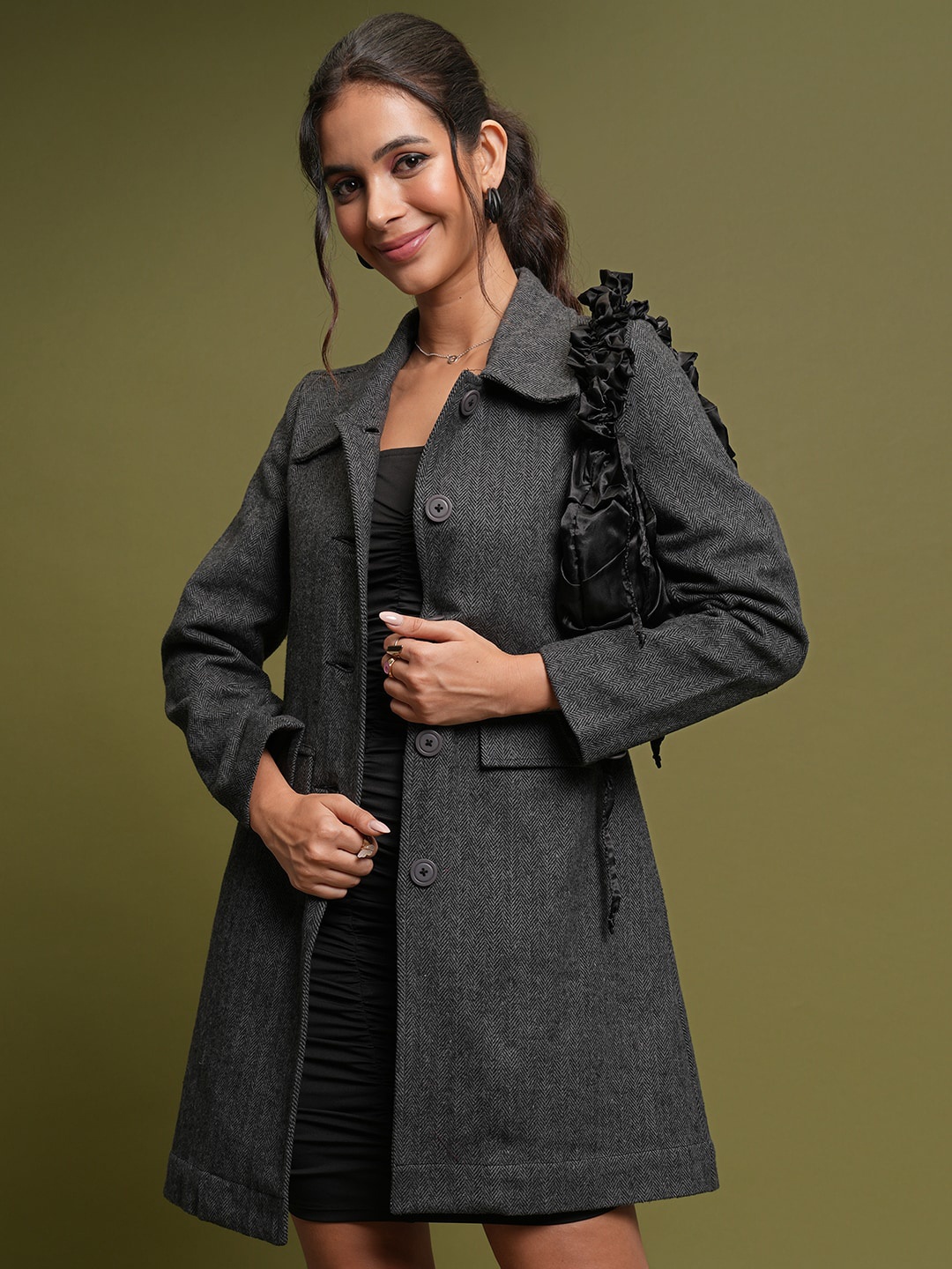 

Tokyo Talkies Grey & Black Self Design Longline Cotton Tailored Jacket