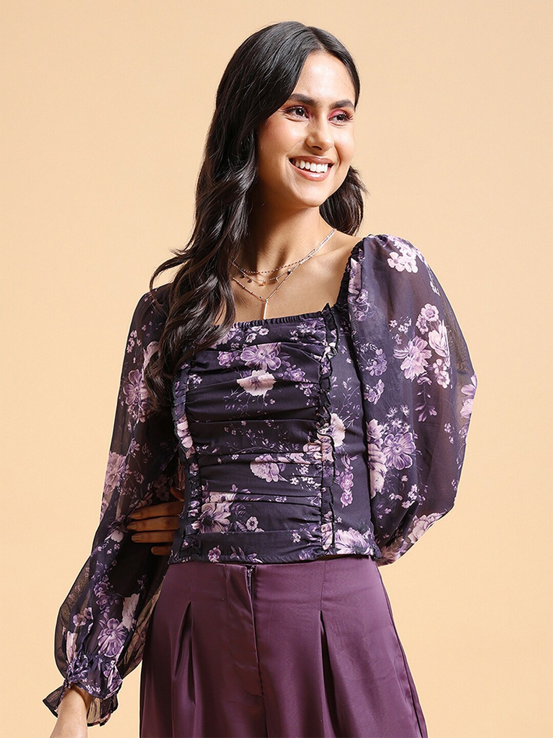 

Tokyo Talkies Floral Printed Ruffles Puff Sleeves Top, Purple