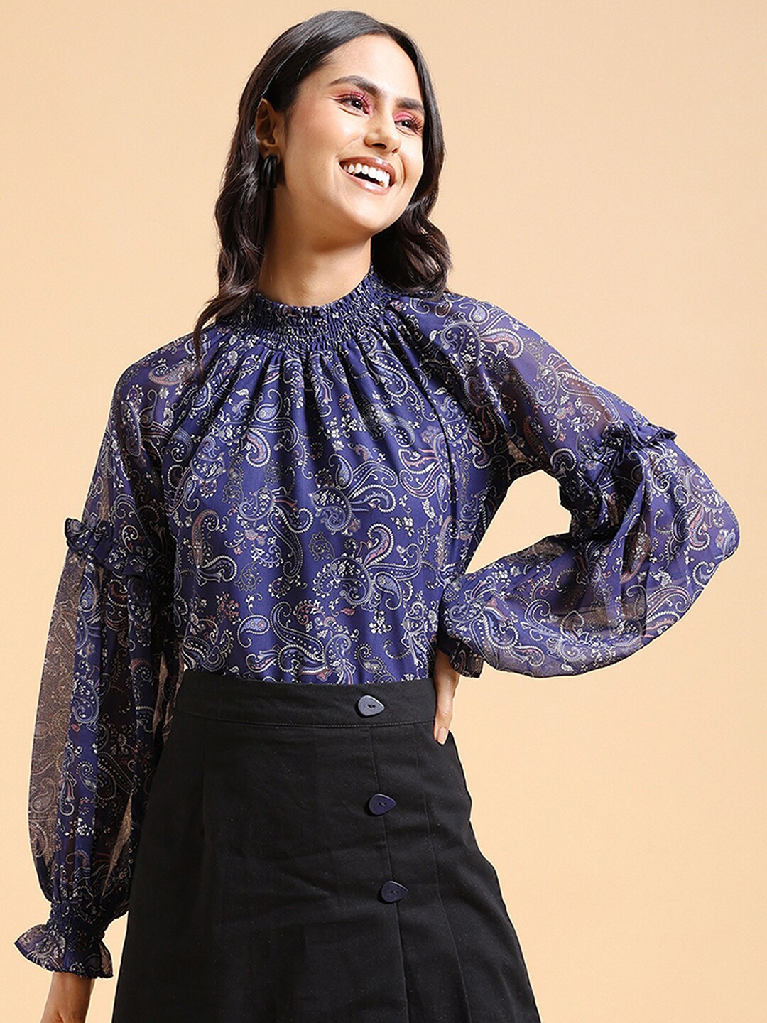 

Tokyo Talkies Floral Printed High Neck Puff Sleeves Top, Navy blue